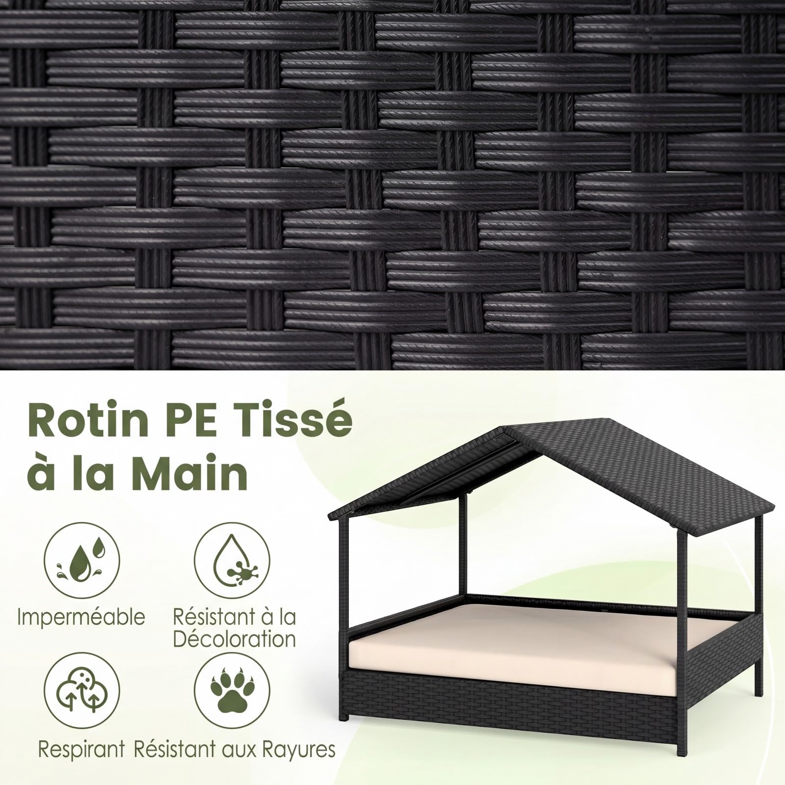 COSTWAY Niche pour Chien Exterieur Interieur en Rotin PE, Coussin Amovible, Charge 60 kg, Chenil pour Chien Exterieur, Cadre en Métal, Base Surélevé, pour Petits&Moyens, 98 x 69 x 74 cm (Beige)