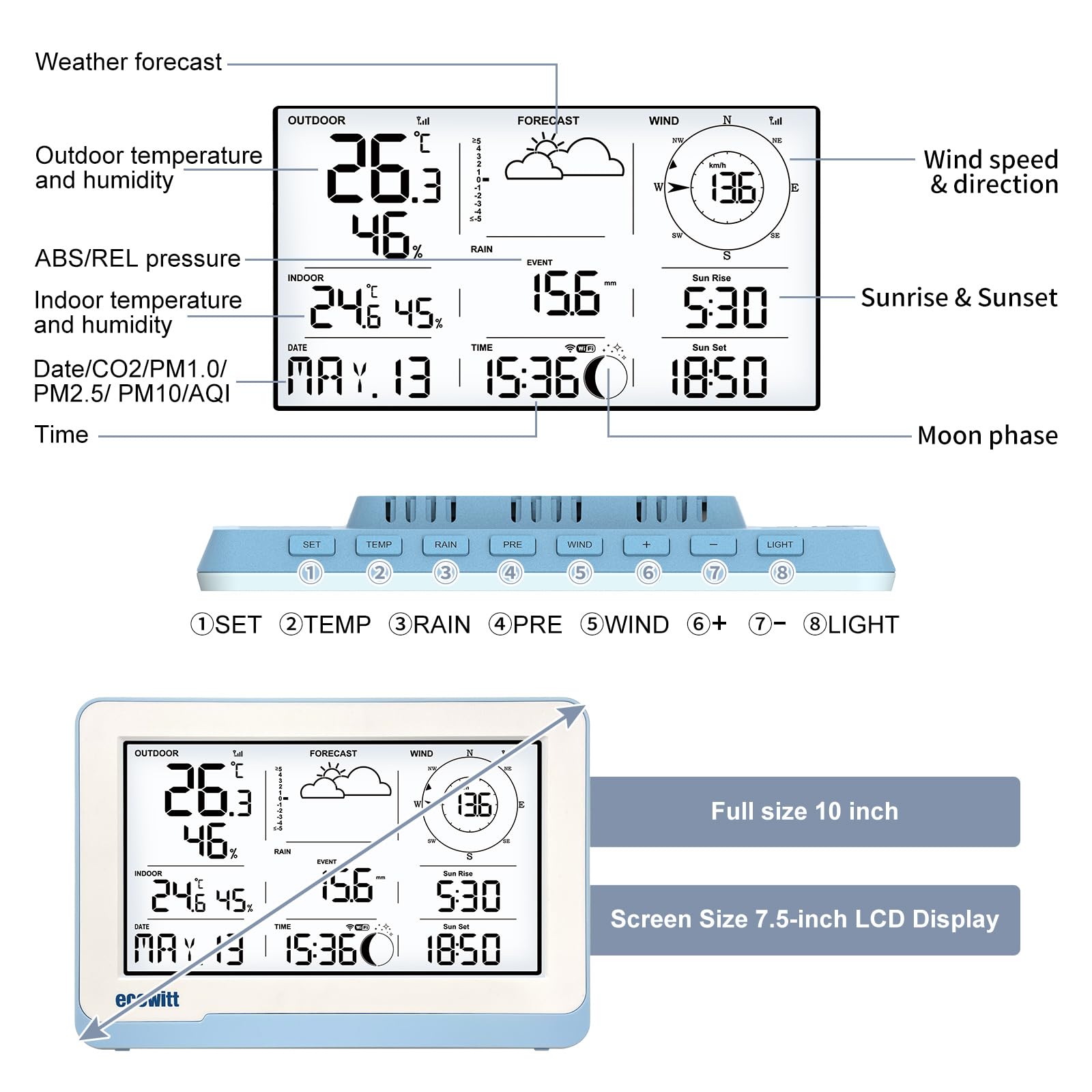 ECOWITT WIFI stazione meteo WS3802 con display LCD da 7,5 pollici per uso domestico, 3 in 1 Sensore meteo senza fili WS85 con pannello solare + un sensore di temperatura-umidità per esterni WN32