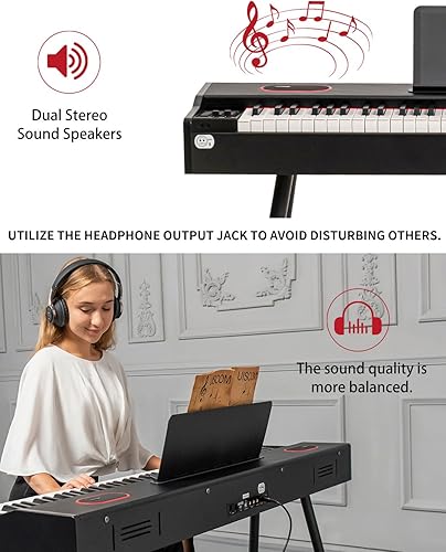 Miniatura 5 de UISCOM Piano digital ponderado de 88 teclas, perfecto para principiantes y profesionales. Piano de teclado eléctrico de tamaño completo con soporte