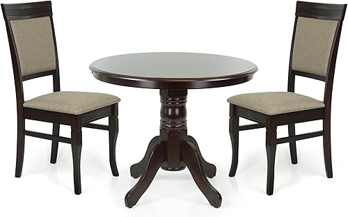 Miniatura 2 de Wickerix Juego de mesa de comedor de 3 piezas, 2 sillas tapizadas Ronda de madera maciza de estilo clásico con mesa de comedor redonda, juego de