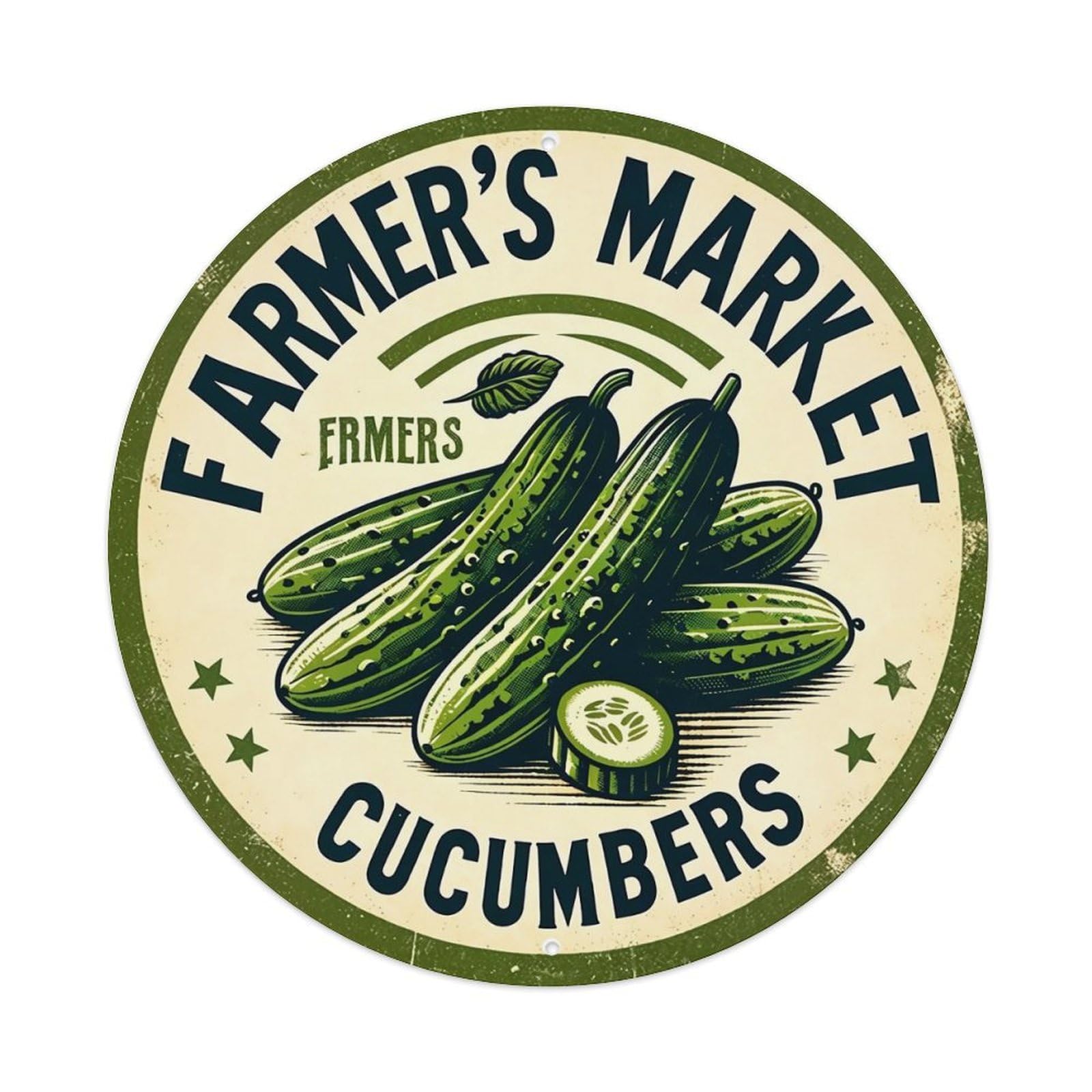 Farmer's Market Cucumbers Vintage Label Round Metal Tin Sign Vintage Wall Decor, Bar Garage Cafe Kitchen Home Wall Art Poster 8x8inches