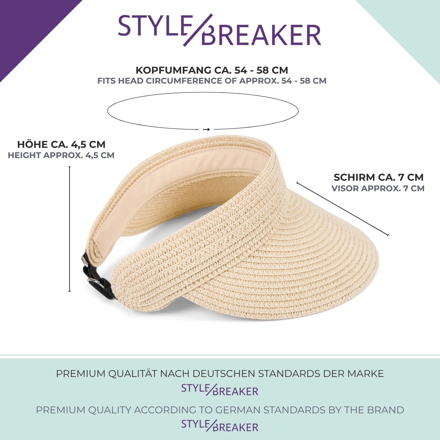 styleBREAKER Casquette en Papier Straw Unie avec visière Solaire, Bande élastique et Fermeture à Crochet, Chapeau léger pour Femmes, Protection Solaire élégante et Respirante
