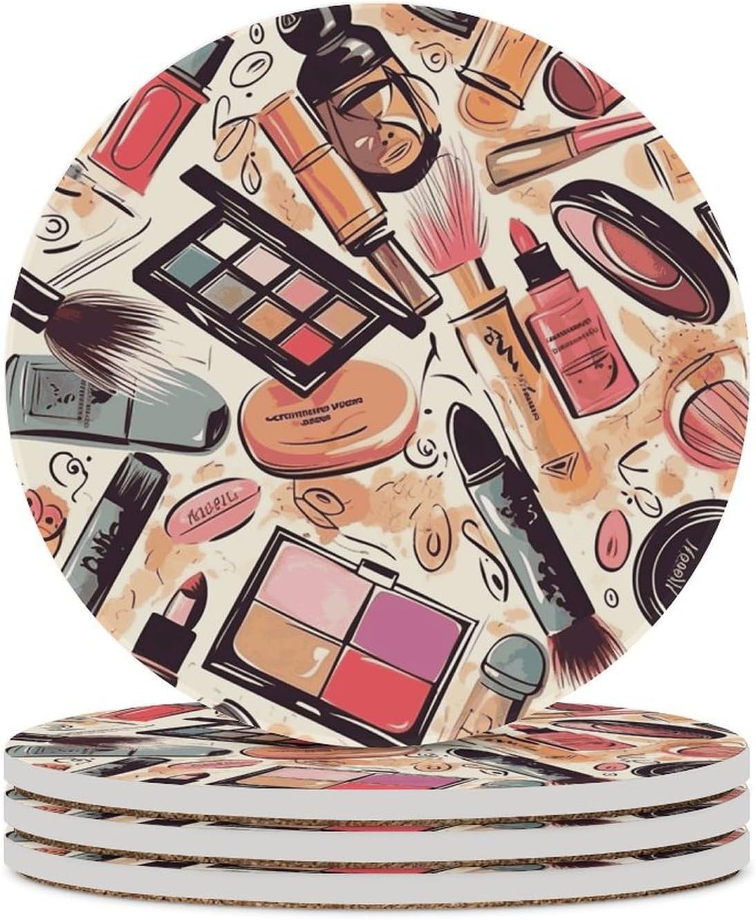 6PCS Cosmetic and Makeup Theme Pattern Coasters Non-Slip Round Drink Coasters with Ceramic Stone and Cork Base, Heat Resistant Absorbent 33.00Stone Coaster Set for Kinds of Mugs and Cups, 4 Inch