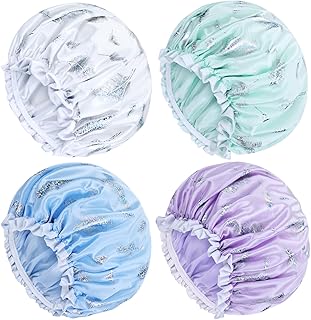 Lawie 4 PACK Large Waterproof Satin Shower Caps Adjustable Bath Hair Caps Silky Fabric Lined Bathing Hair Cover Wraps Bonnets Hair Protector for Women Girls (Feather Colors)