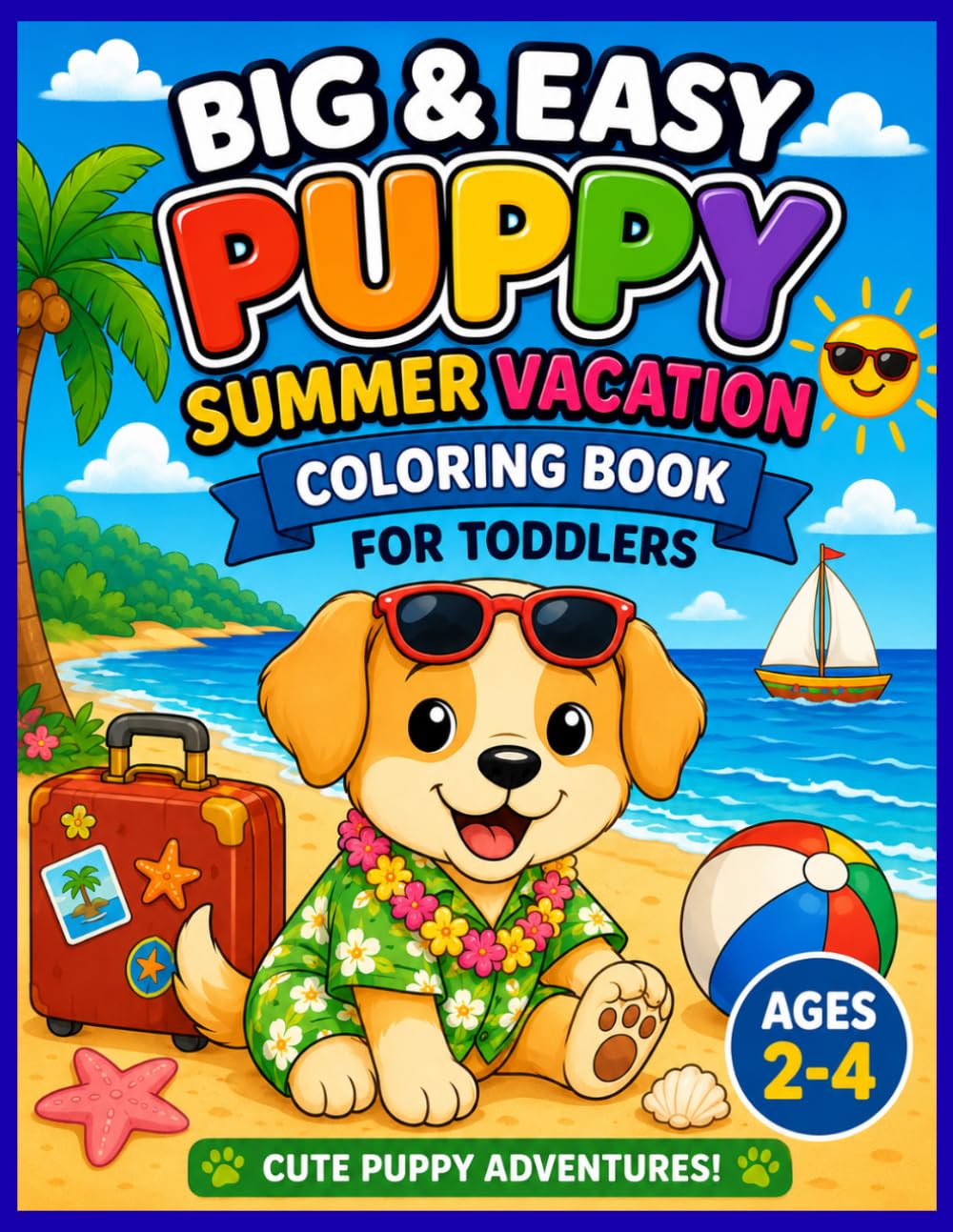 Big and Easy – Puppy Summer Vacation Coloring Book For Toddlers: Cute and Simple Summer Puppy Coloring Pages for Toddlers Ages 2-4