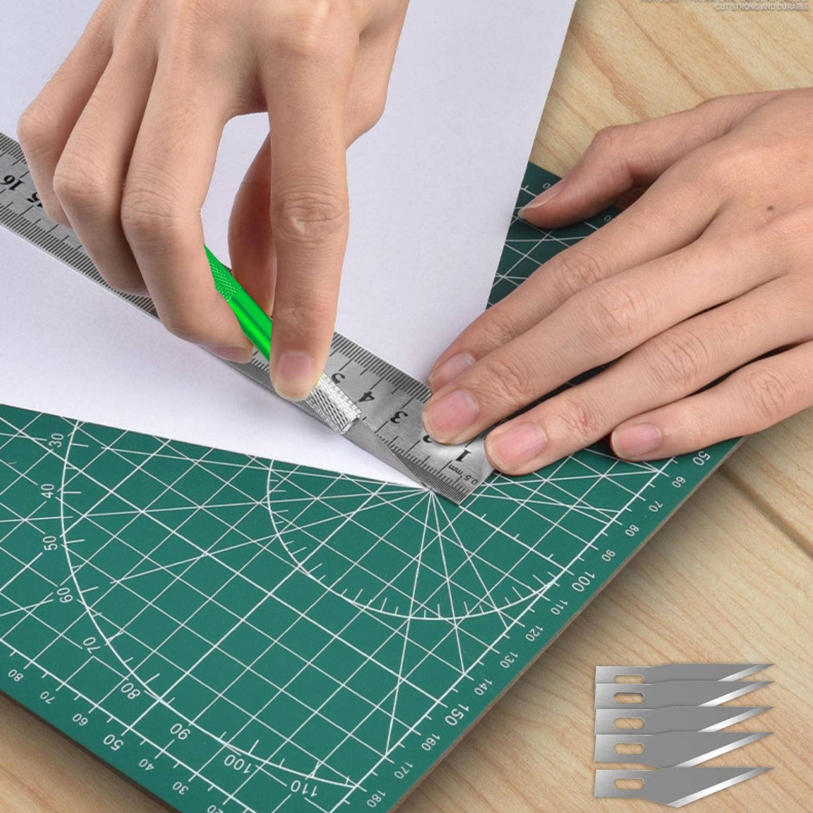 16stk Schneidematte Set, Selbstheilende Bastelunterlage Mat mit Schnitzmesser, A4 Cutting Mat/Bastelmesser und Stahllineal Grün/für Handrückenbretter, Mauspads, Schreiben