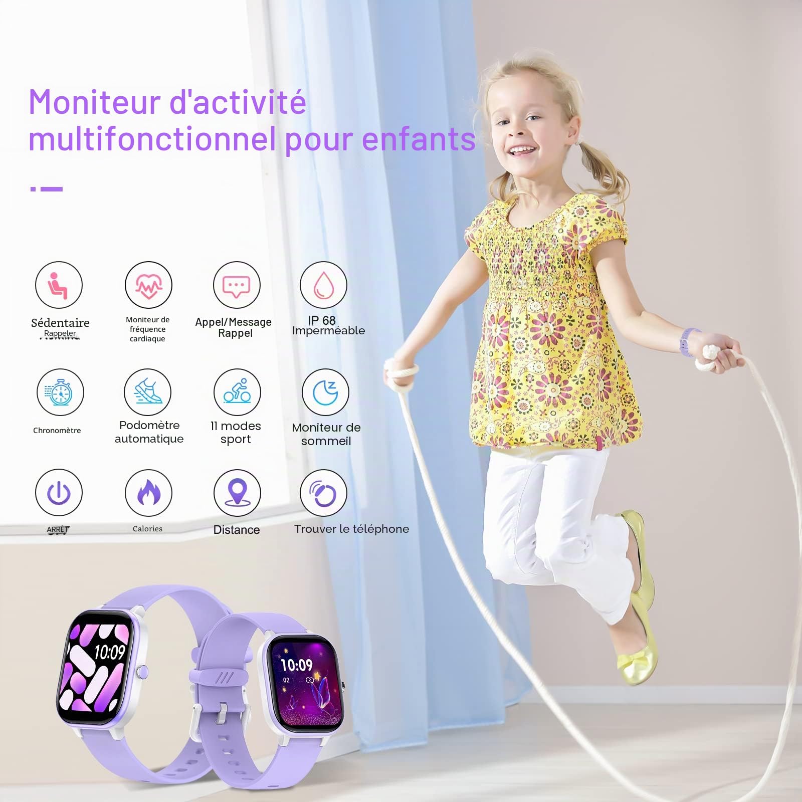Fitness Tracker Montre pour Enfants, Montre Intelligente étanche IP68 avec 19 Modes de Sport, podomètre, Moniteur de Sommeil, Excellent Cadeau pour Filles Adolescents 6-16 (Mauve)