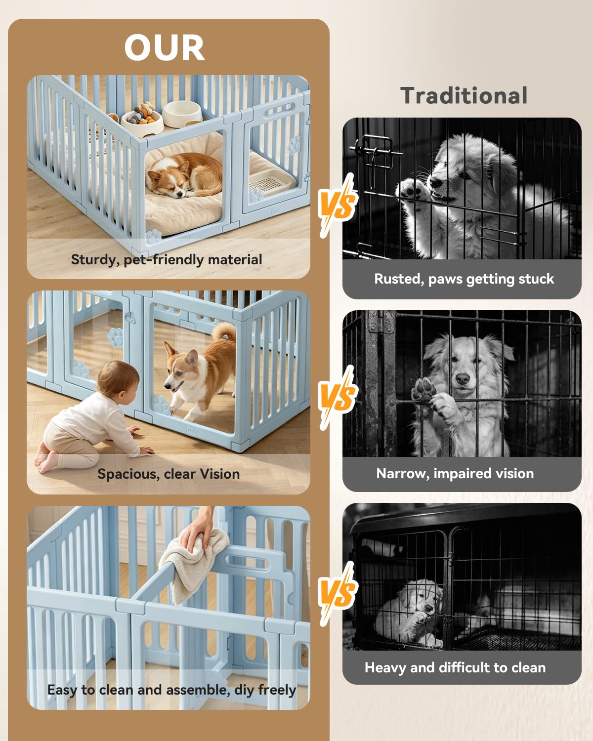 Amazon | アクリル屋内犬用ベビーサークル、高耐久ドアロック付き