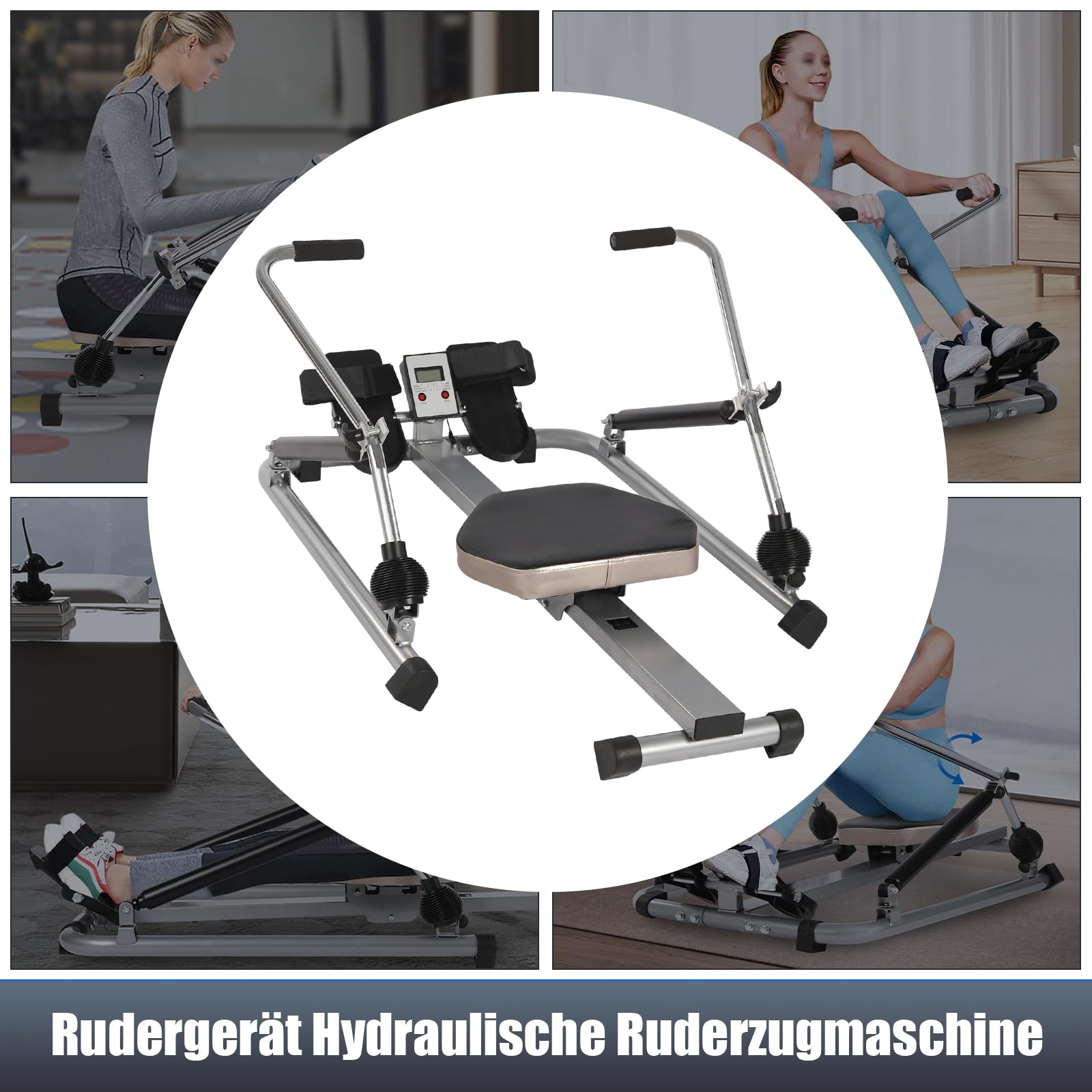 Rameur Silencieux avec écran LCD - Résistance réglable de 15 kg à 55 kg - Charge maximale de 180 kg - Rameur de Fitness pour la Maison - Bras du rameur à 360°