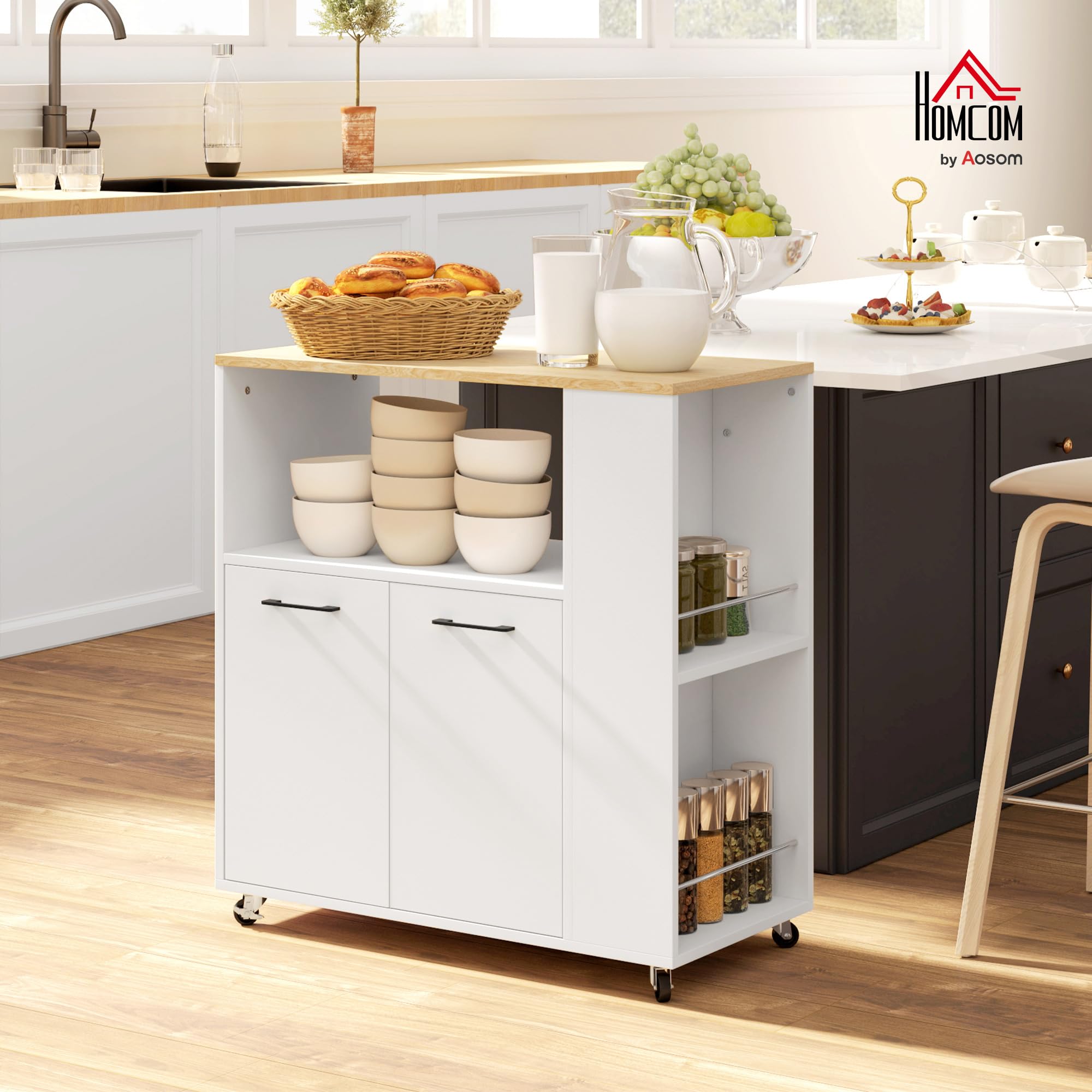HOMCOM Desserte de Cuisine à roulettes avec Plan de Travail, Îlot Central Cuisine avec 2 Portes, Compartiment Ouvert, étagère réglable et Porte-épices, pour Salle à Manger, 75x40x80,5cm, Blanc
