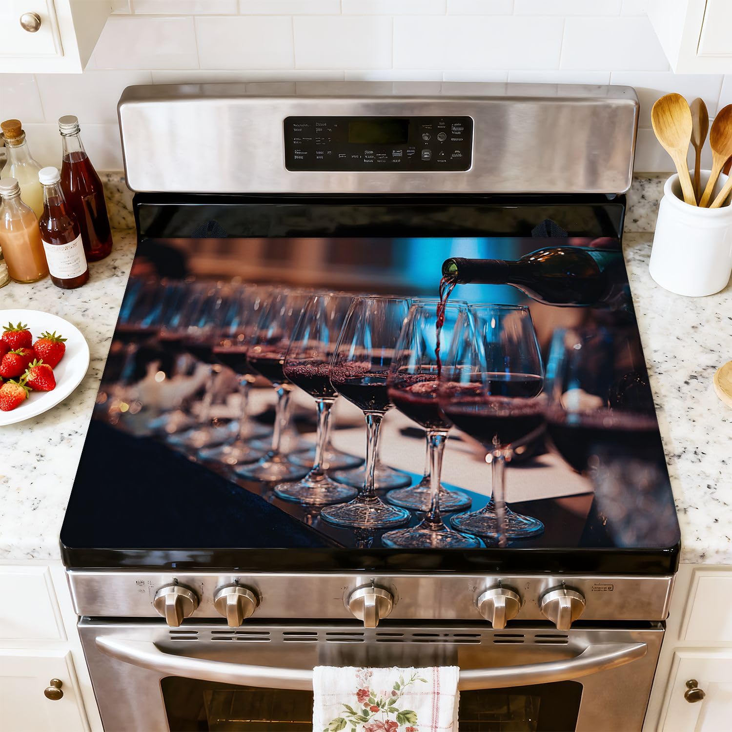 Stove Top Cover for Electric Stove Bartender pours red wine glasses bar Male sommelier pouring red wine Heat Resistant Glass Cooktop Protector Flat Top Oven Cover Mat Prevent Scratching 28" x 20"