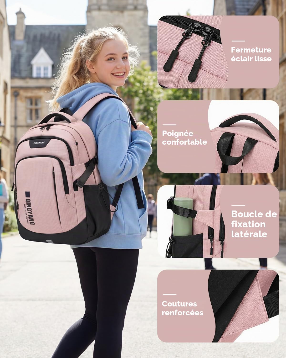 Sac à Dos pour Adolescents Filles - Grand Cartable Fille Respirant de 32L pour le College Lycée et Universités - Sac a Dos Loisirs Tendance pour Portable 15.6", Rose