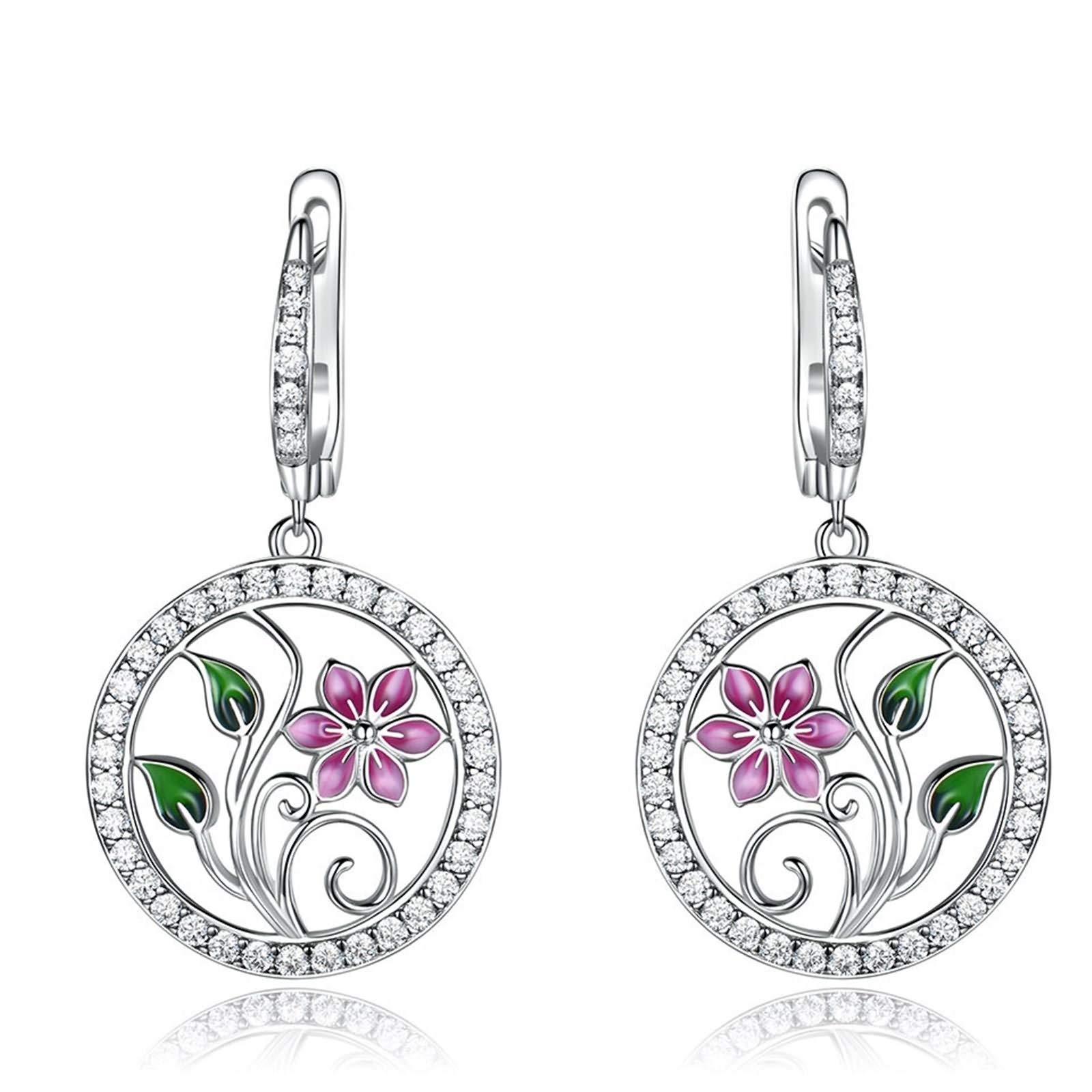 Ohrring Mädchen Silber, Anhänger-Ohrringe Silber Ohrringe Damen Lotus Aus Emaille Weiß Runden Zirkon Frauen Geschenke