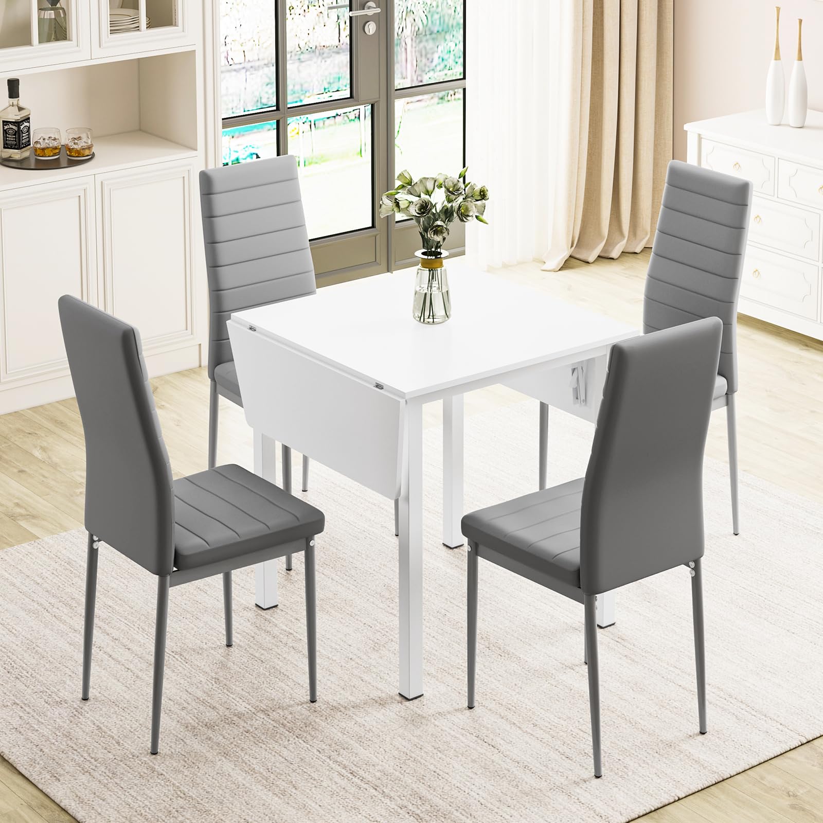 JEFFORDOUTLET Dining Table and Chairs Set of 4, Drop Leaf Folding Kitchen Table With Grey PU Leather High Back Chairs for Dining Room, Kitchen