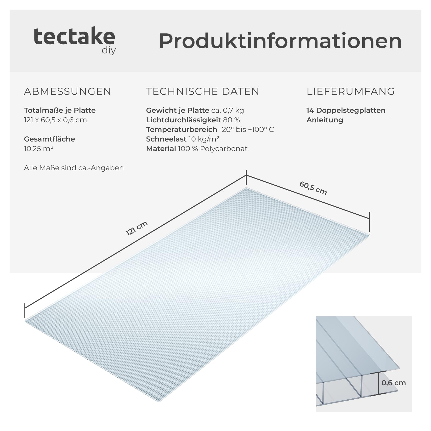 tectake® Polycarbonat Doppelstegplatten, 14x Platte, UV-beständige Kunststoffpaneele, Stegplatten Kunststoffplatte Gewächshaus, Terrassenüberdachung, Frühbeetaufsatz - 121 x 60,5 x 0,6 cm