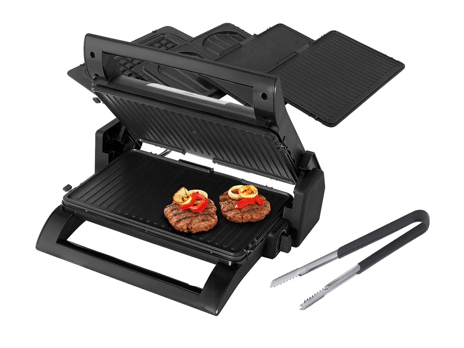 Griglia elettrica a contatto, piastra per waffle e panini 4 in 1, piastre intercambiabili, 31,5 x 21,5 cm, con pinza per barbecue