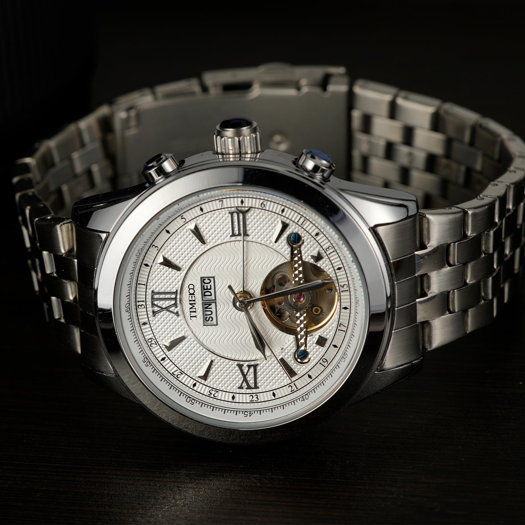 TIME100 Relojes Automáticos Mecánicos para Hombre con Diseño Skeleton, Correa de Acero o Cuero, Calendario Multifunción y Resistencia al Agua