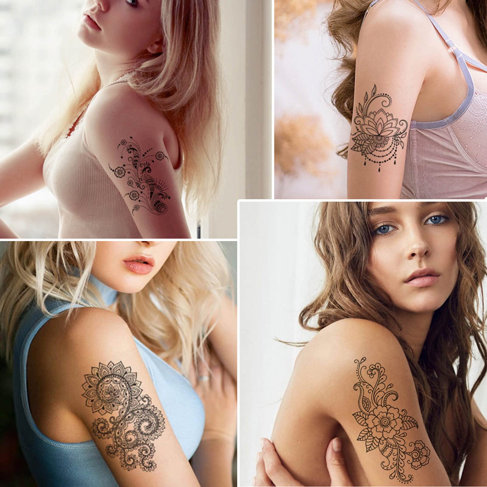 Tatuajes temporales, flores de mandala negras para mujeres y niñas, 12 hojas impermeables, sexy, mangas temporales de tatuaje para cuello, pecho, decoración artística 2