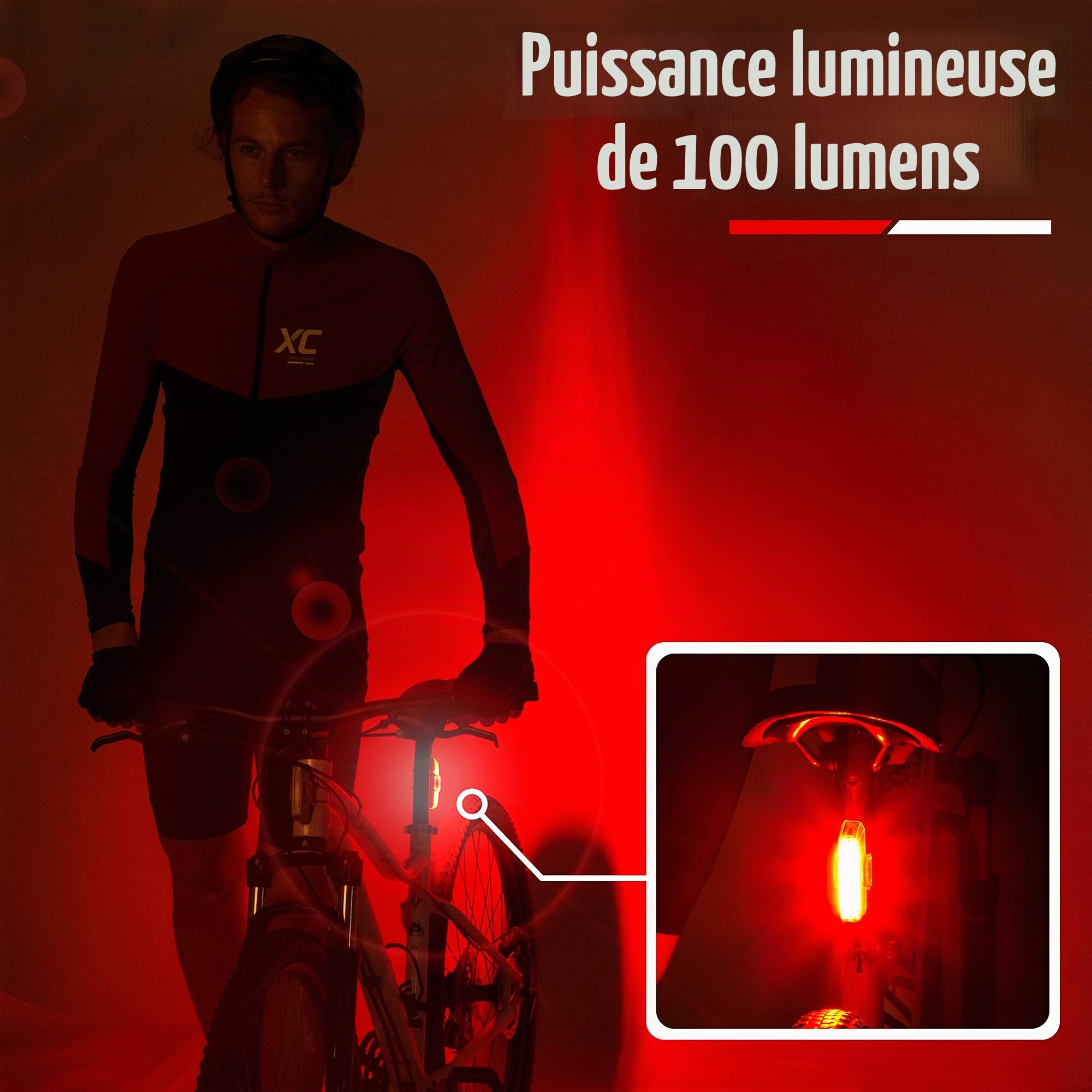 Feu arrière pour vélo rechargeable USB par Apace - Super lumineuse 100 Lumens Lampe arrière vélo ou VTT à LED Se clipse aisément pour servir d’Eclairage arriere rouge pour une sécurité optimale à vélo