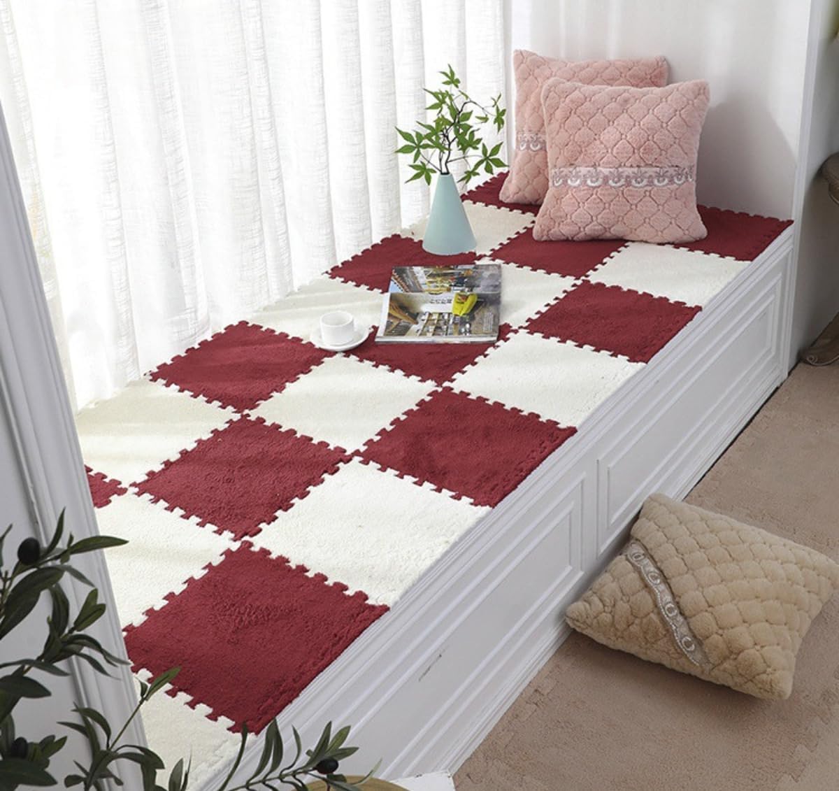 Foam Floor Tiles Interlocking Carpet Pad for Window Soft Plush Foam Tiles Mat Bedroom Bedside Puzzle Rug Living Room Pad Cuttable Area Rug (10 Pcs Red and White)