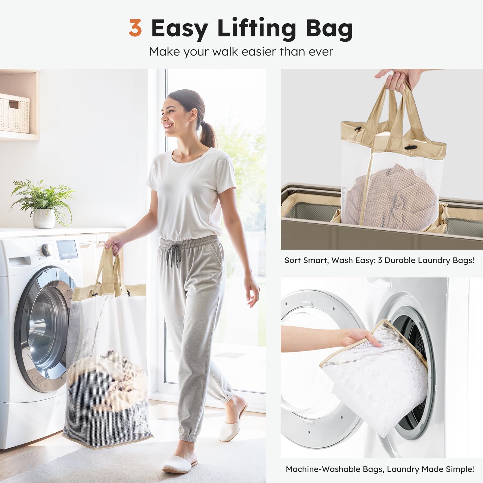 SOLEDI Laundry Basket 3 Compartments 180L Washing Basket with Lid, Collapsible Laundry Baskets - Image 4