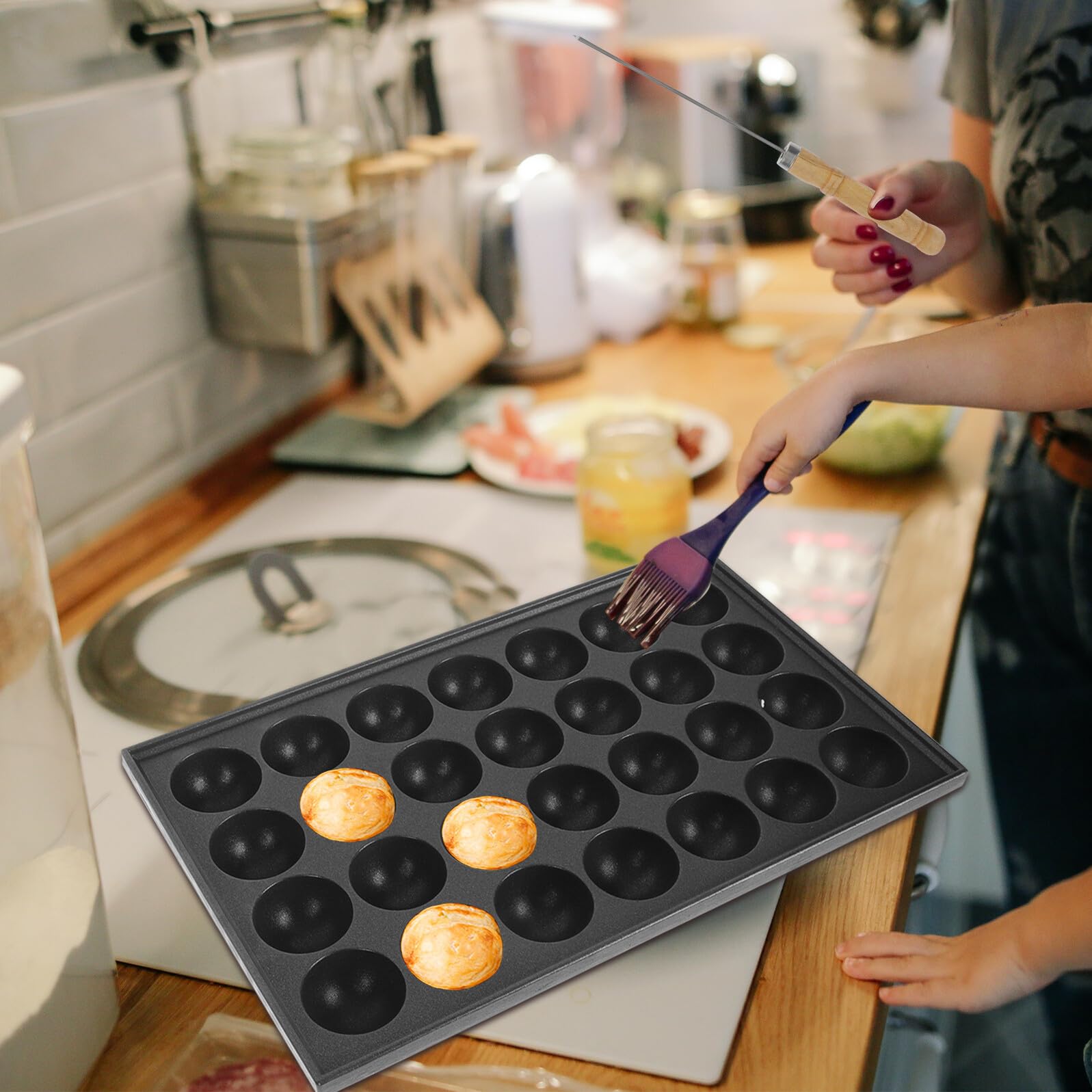 Lurrose Piastra Takoyaki 3 Pezzi in Ferro Nero Antiaderente per Cottura