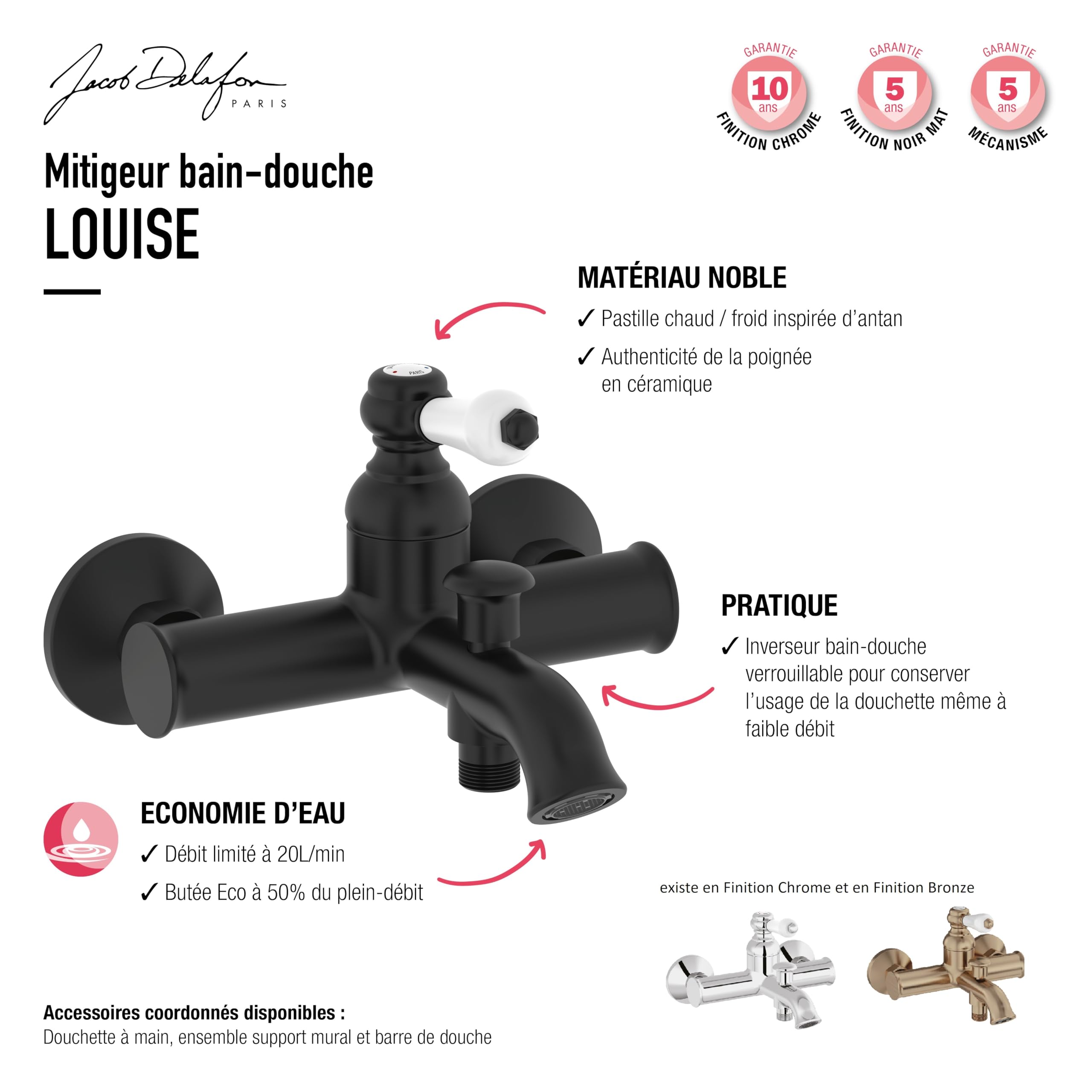 Jacob Delafon - Miscelatore lavabo Louise - Design retrò, manico in ceramica - Risparmio d'acqua - Facile installazione - 17 x 23,20 x 5,5 cm - Finitura cromata - E24360-CP