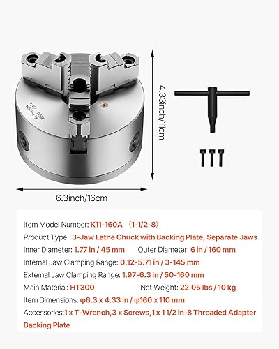 Miniatura 18 de VEVOR Mandril de torno de 3 mandíbulas, 8 pulgadas, mandril de torno autocentrante, rango de sujeción de 0.16-8 pulgadas/0.157-7.874 in