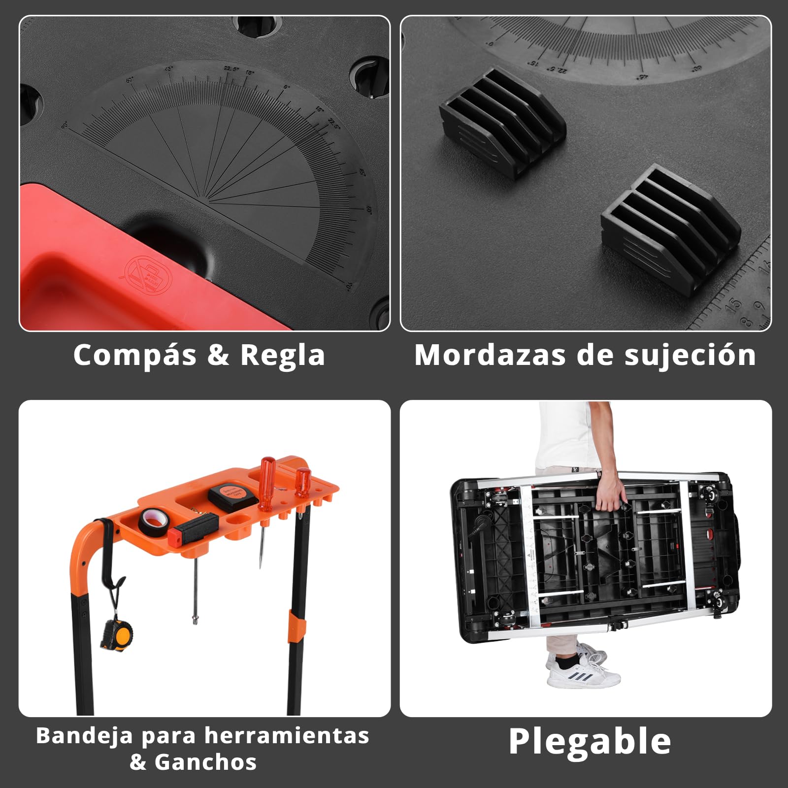 LIFERUN 7en1 Banco de Trabajo Plegable con Enchufe Integrado,Mesa de Trabajo Altura Ajustable,Carro Transporte,Plataforma de Trabajo Portátil,4 pcs Ruedas,Banco de Carpintero,Mesa Tensora,para DIY | Mesa de Trabajo Altura Ajustable, con Enchufe Integrado,