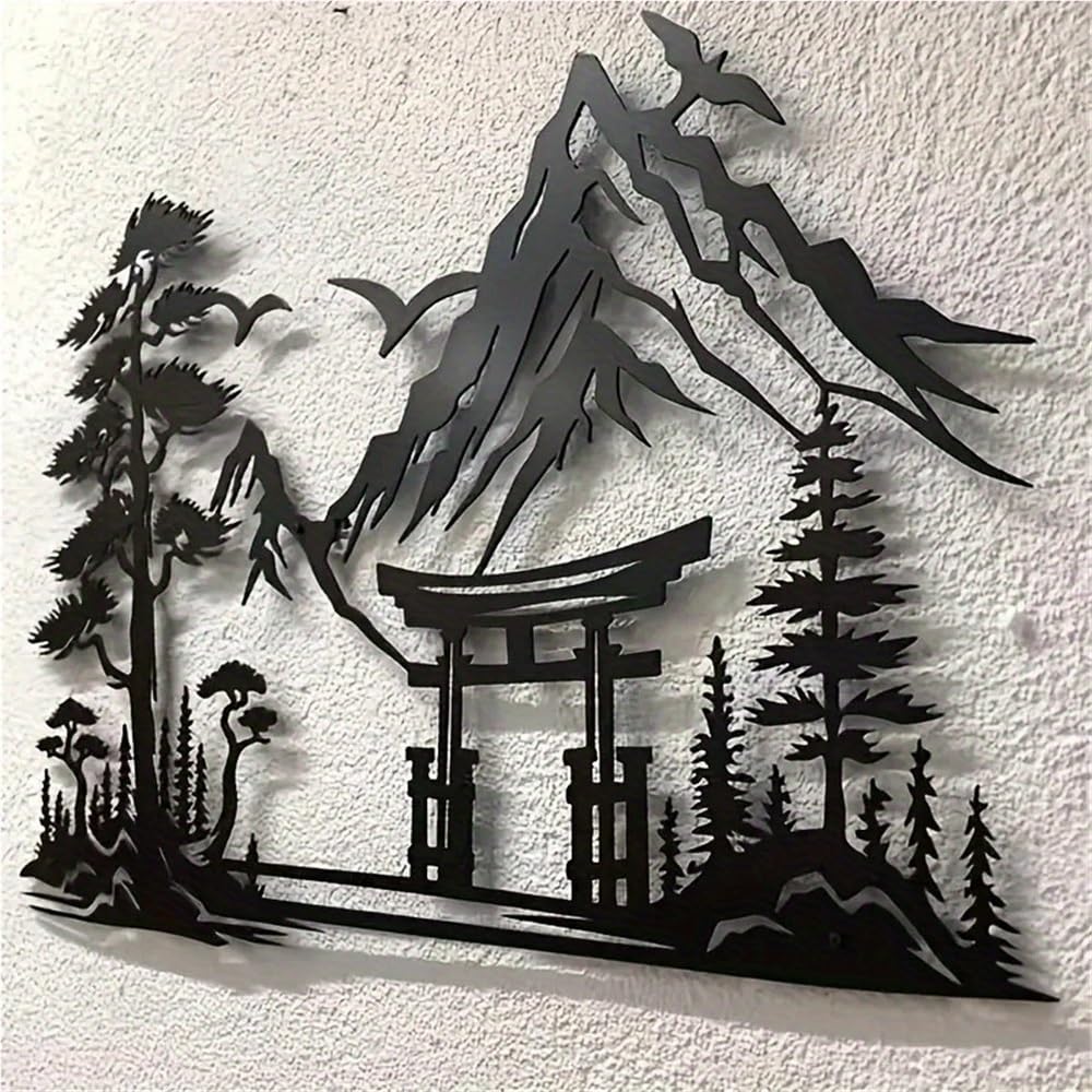 Japanisches Torii Tor aus Metall Wandskulptur mit gestreiftem Blumenmuster Zen Stil für Zuhause und Büro Asiatisch inspirierte Raumdekoration mit Naturmotiven (40 cm/15,74 Zoll)
