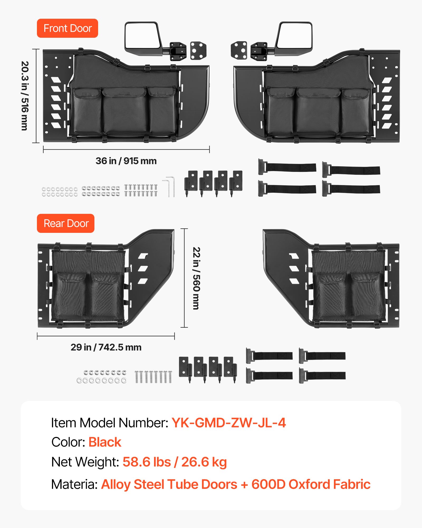 VEVOR Demi-Portes Tubulaires pour Jeep, Kit de 4 Portes avec Rétroviseurs, Compatible avec Jeep Wrangler JL 2018-2026 et Gladiator JT 2020-2026, Portières pour Tout-Terrain avec Poches de Rangement