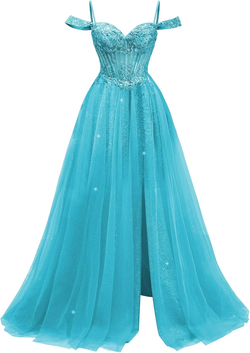 Off Shoulder Tulle Prom Dresses 2026 Lace Beaded Ball Gowns for Women Formal A Line Sparkly Evening Gown with Slit