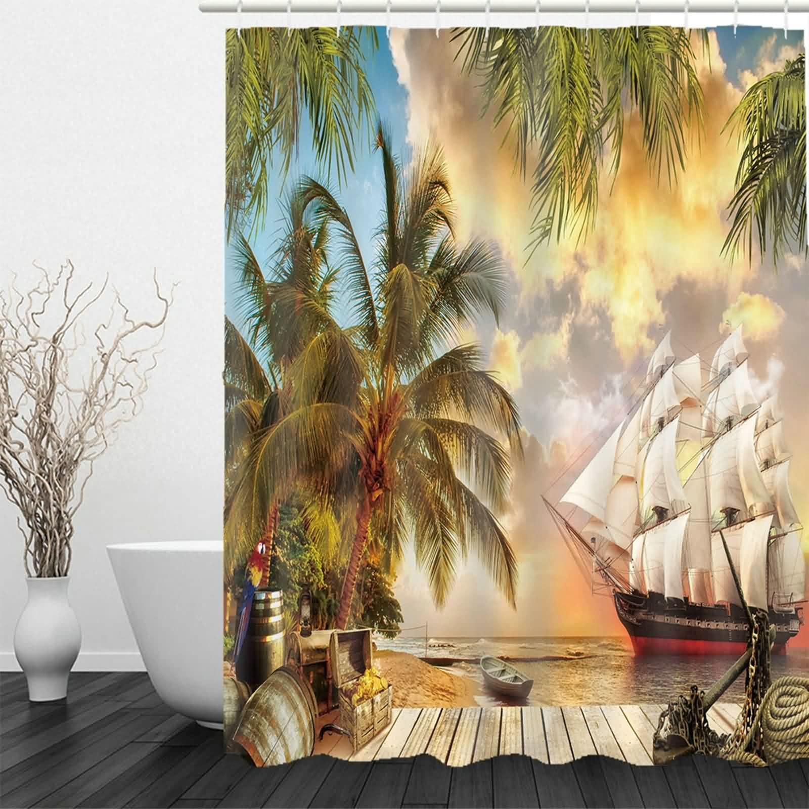 AMDXD Duschvorhang 165x180cm, Kokosnuss Palm Segelboot Bad Vorhang aus Polyester mit 12 Duschvorhangringen, für Badezimmer Badewanne, Waschbar, Schnelltrocknend, Anti-Schimmel, Grün 65x71″