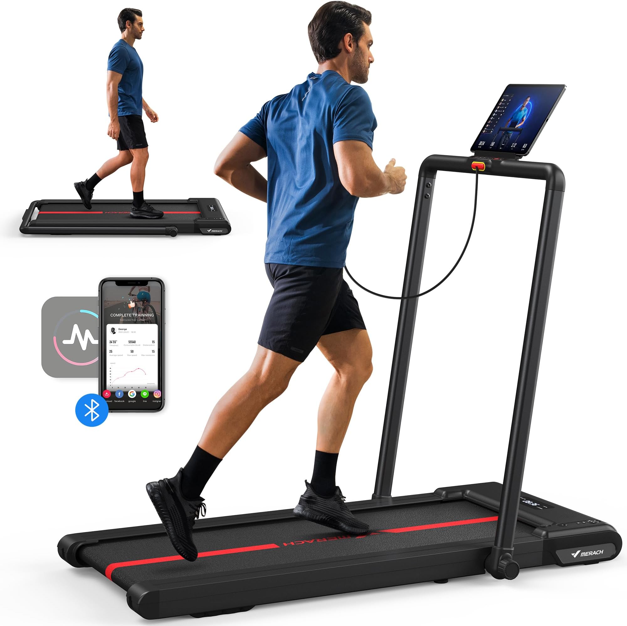 MERACH 2 in 1 Folding Under Desk Walking Pad, 2.5HP Smart Walking Treadmill with APP, 265 LB Weight Capacity, Large Running Belt, LED Display and Remote Control