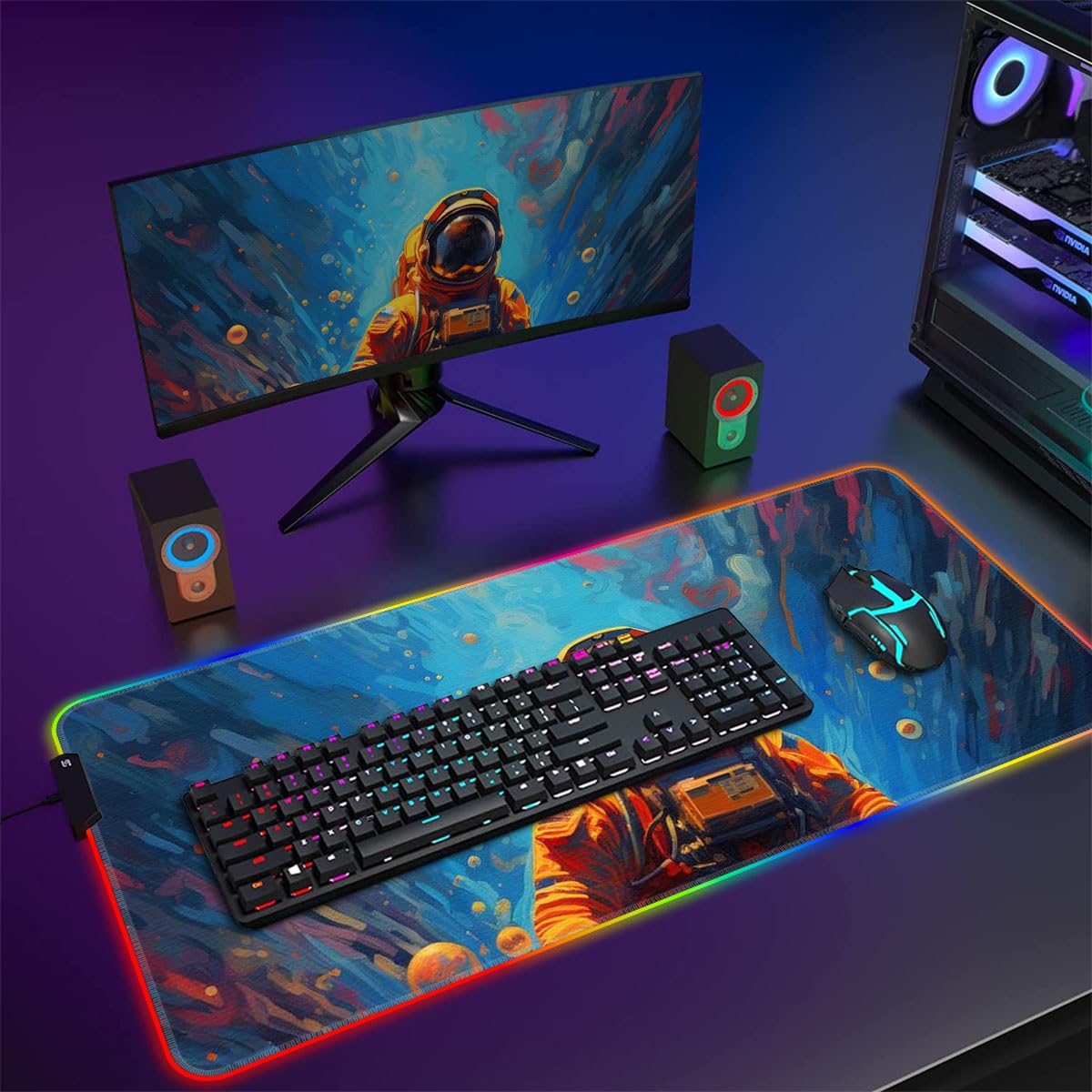 ROG - Tappetino per mouse grande con LED e scritta "I am in space", 60 x 35 x 0,3 cm, grande tappetino per mouse da gioco, con bordi cuciti