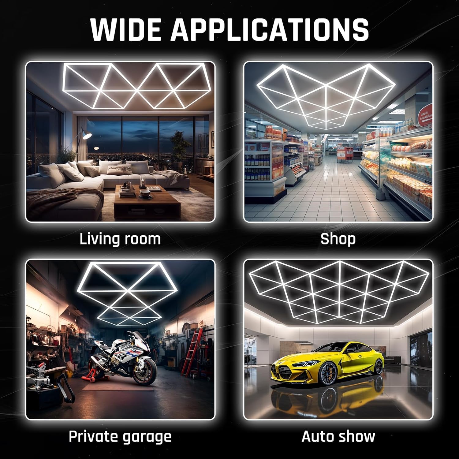 Éclairage LED alvéolé hexagonal en losange, éclairage de garage, salon de coiffure, salle de sport, sous-sol, entrepôt, salon de beauté automobile, activité commerciale.