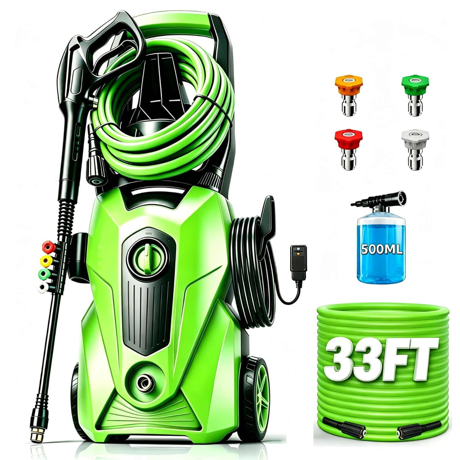 Pressure Cleaner 5000PSI High Power Cleaners with 33ft Pressure Hose Reel, 4 Nozzles and Foam Cannon, for Home, Cars, Fences, Patio (Light Green)