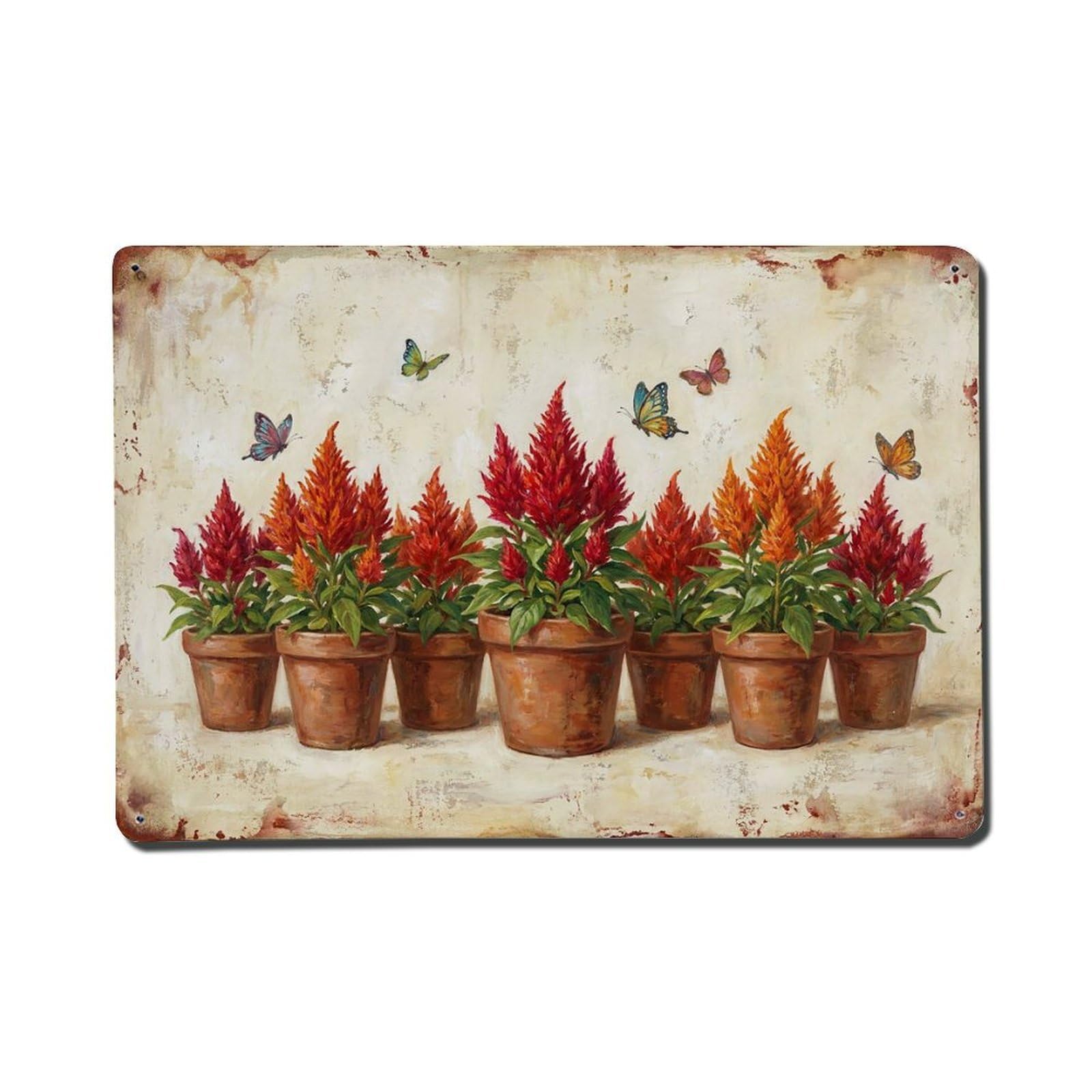 Vintage Rustic Flower Potted Plants Celosia Metal Tin Sign