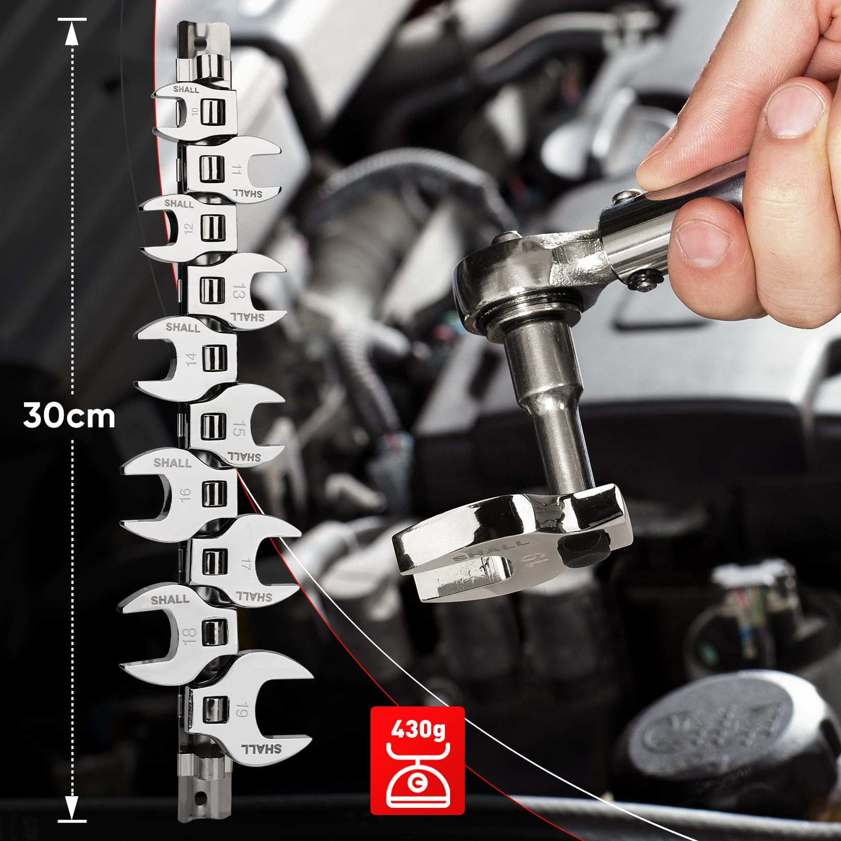 Shall 10-teiliges metrisches Hahnenfußschlüssel-Set mit 3/8-Zoll-Antrieb, Hahnenfußschlüssel-Set mit offenem Ende, metrische Größen 10–19 mm, mit Clip-on-Organizer