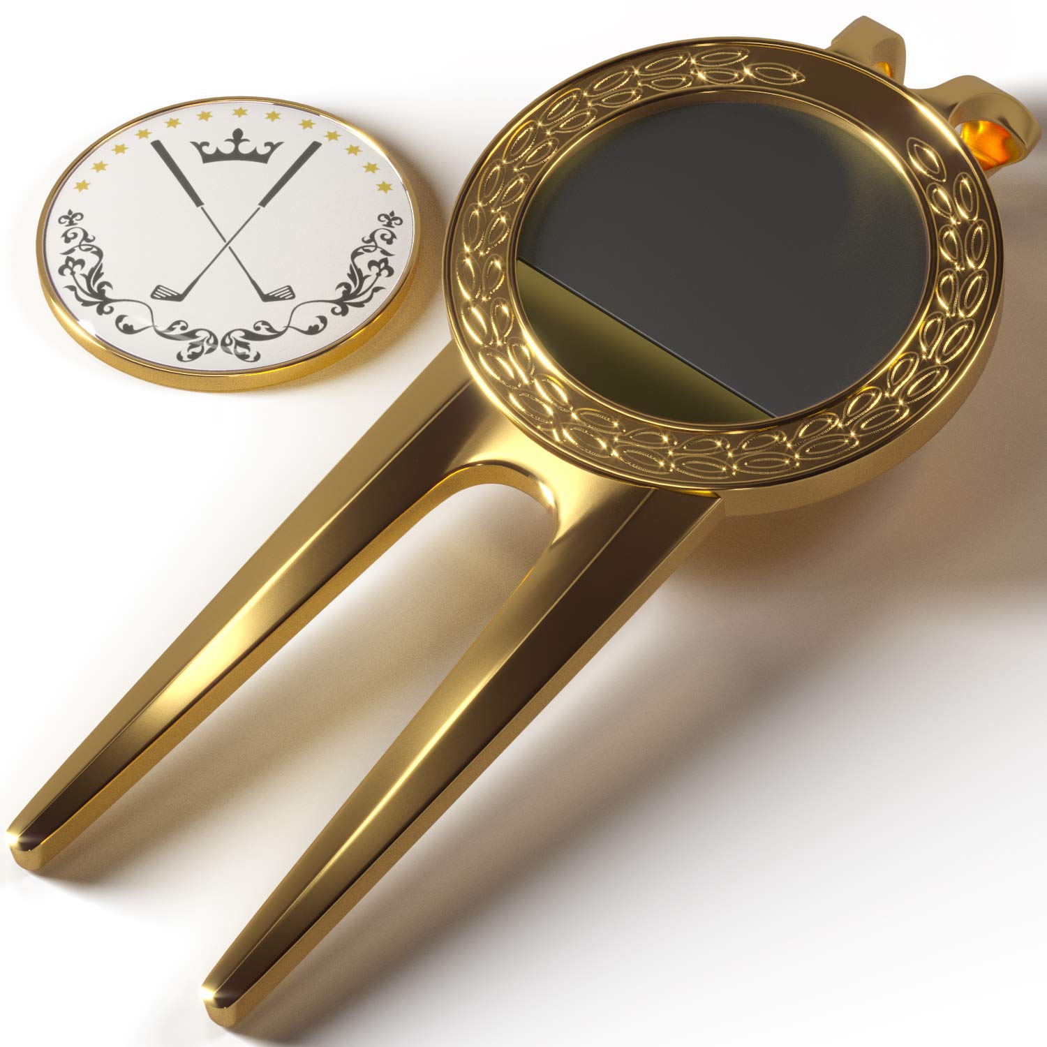 Pitchgabel Golf Divot Tool Magnet Ball Marker | Premium Qualität Ballmarker | Magnetisch Abnehmbarer Markierer | Ballmarkierung | Pitchmarken | Hochwertiger Marker | (Gold)