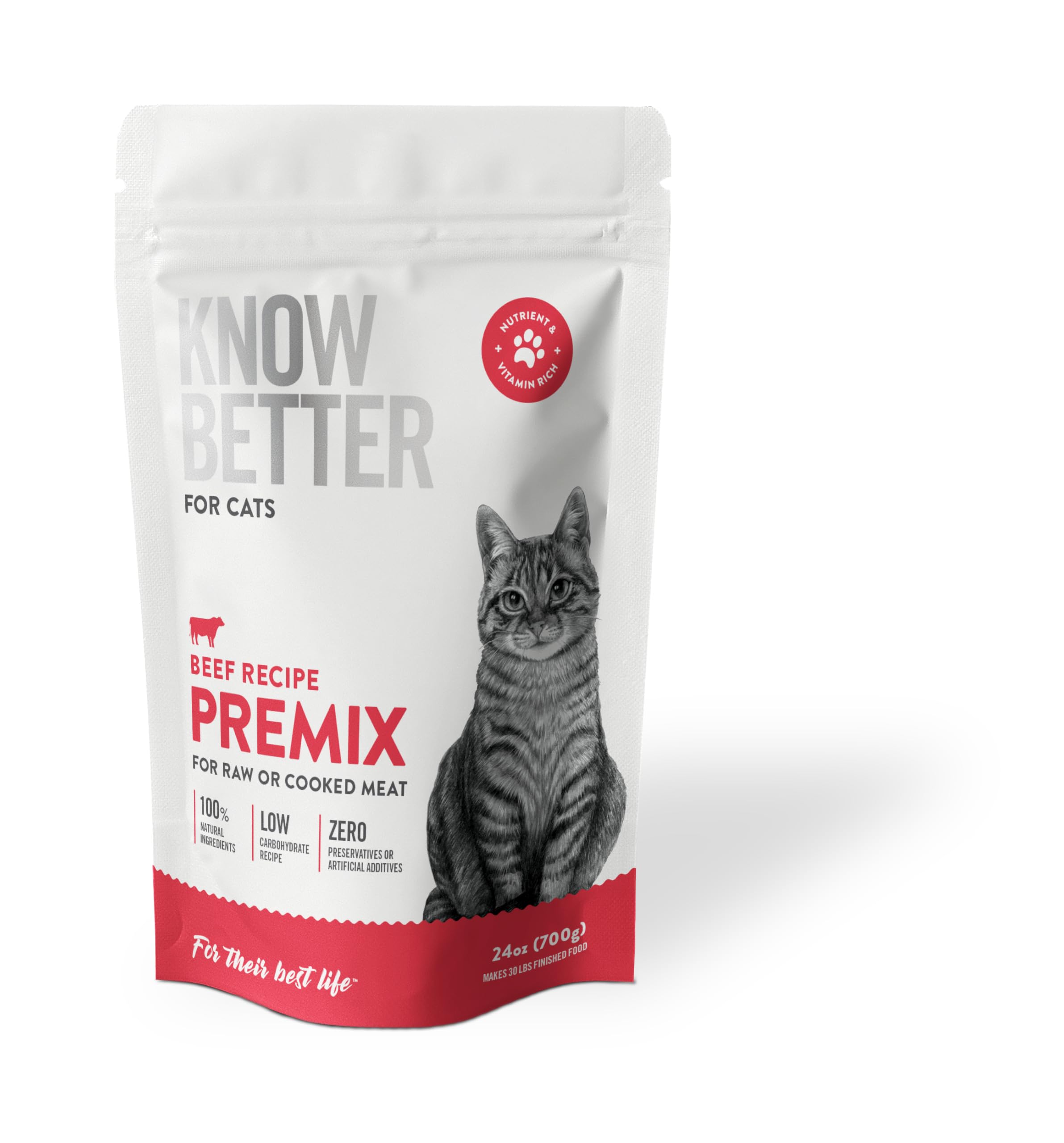 Know Better Beef Recipe Premix for Raw Or Cooked Cat Food – Create Homemade RAW or Cooked Meals - Senior & Kitten Friendly - Grain-Free - Cats Essentials - Supplies for Indoor & Outdoor Cats - 24 Oz