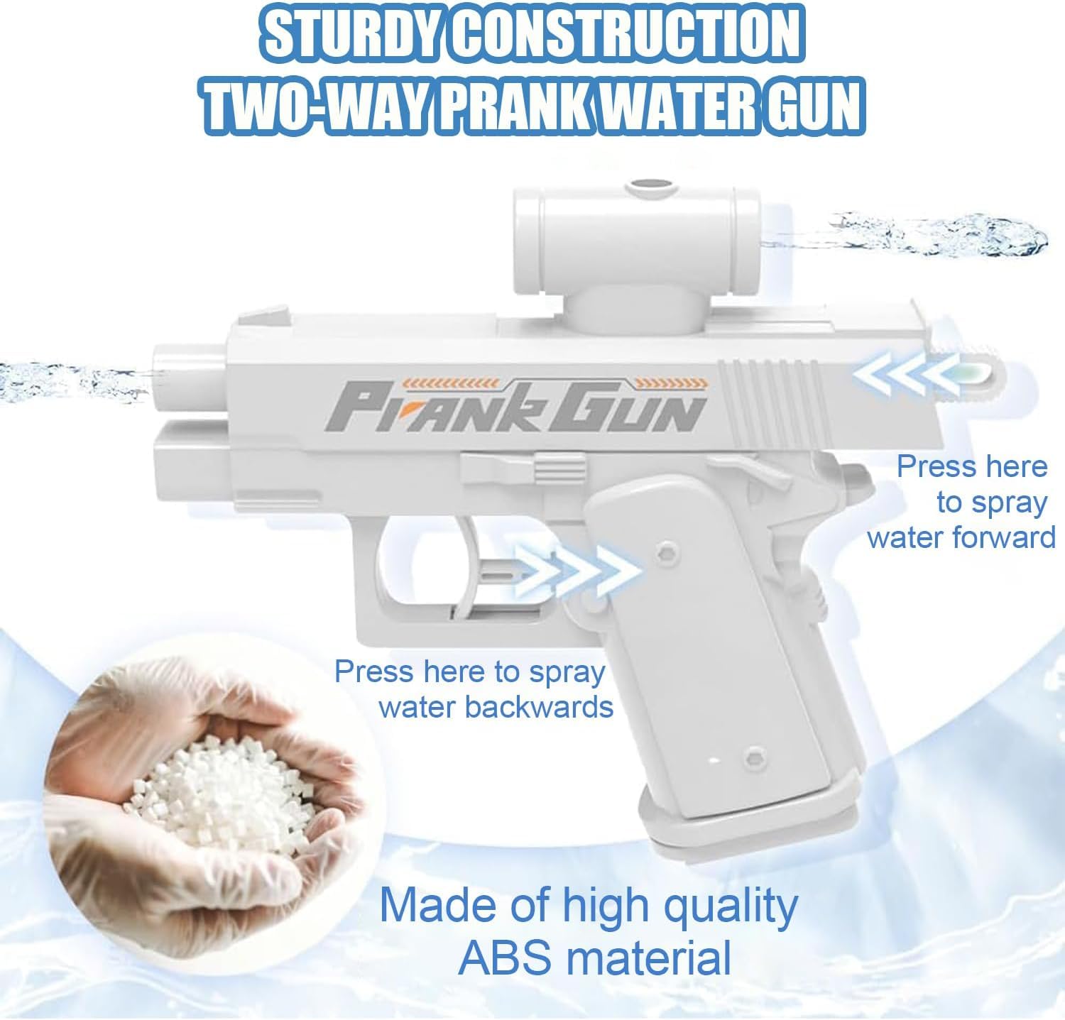 Prank Water Gun Pistola de Agua de Broma Invertir Pistolas de Agua Doble Disparo Delantera y Trasera para Travesuras Piscina Playa Verano (Blanco) — view 4