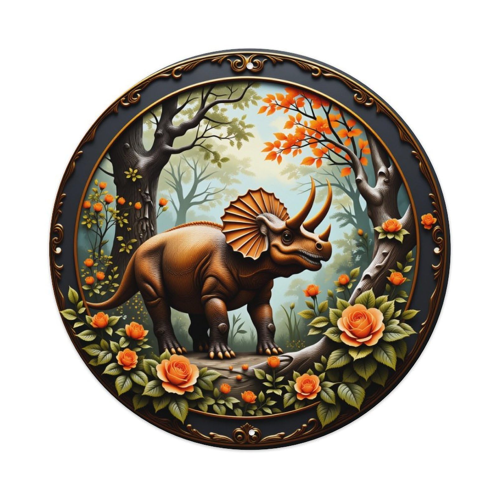 Triceratops Forest Autumn Roses Frame Vintage Metal Tin Sign Retro Wall Decor for Home Bar Garage Cafe, Indoor & Outdoor Decorative，circle Metal Poster, 8x8 Inch