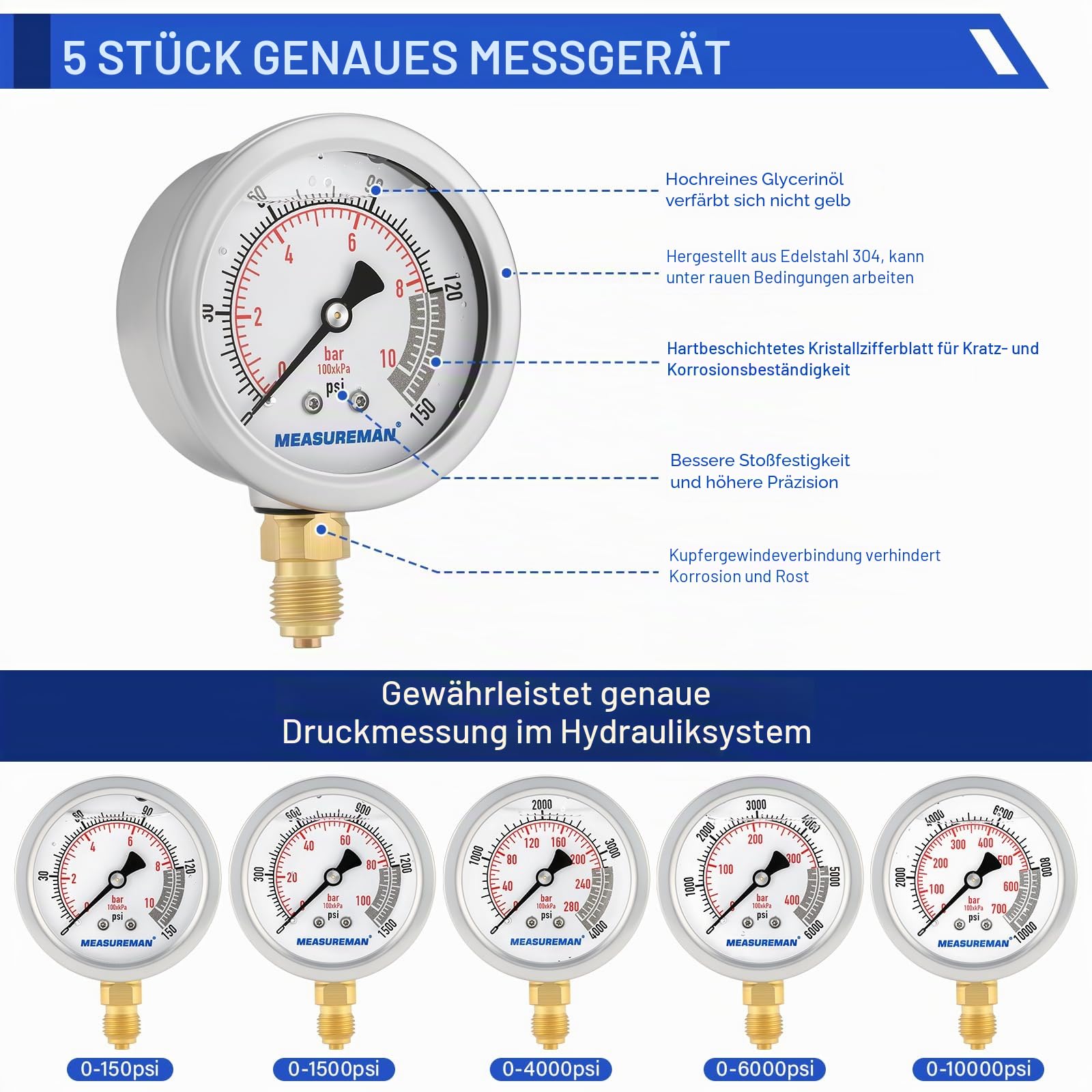 Hydraulisches Drucktestset mit 5 Messgeräten (10/100/280/400/600bar), 12 Testkupplungen, 14 T-Anschlüssen, 5 Prüfschläuche für Bagger und Baumaschinen