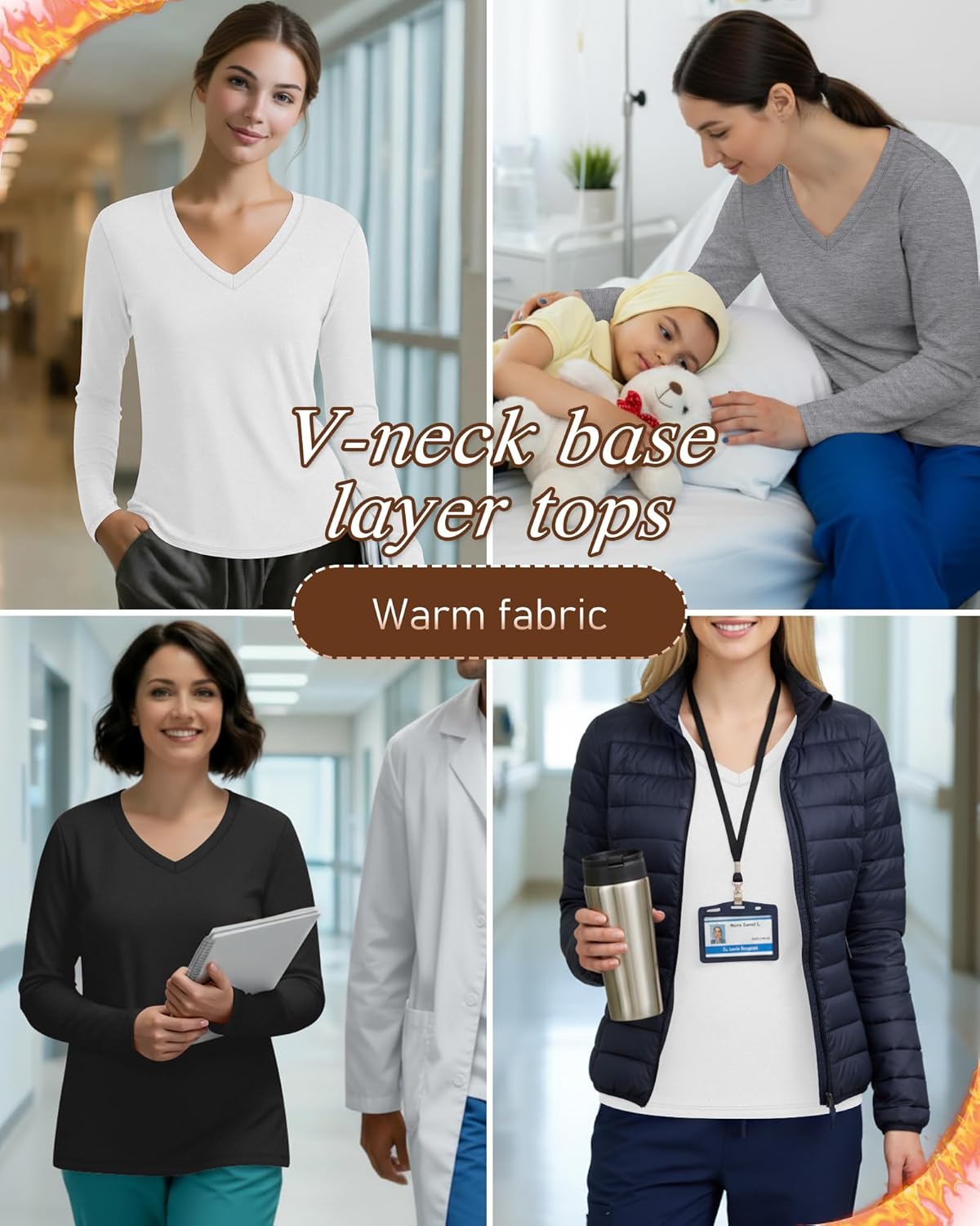 3 Pack Women's Under Scrubs Long Sleeve Shirt V Neck Thermal Fleece Slim Fit Stretchy Nurse Top Basic Layering Tee - Image 2