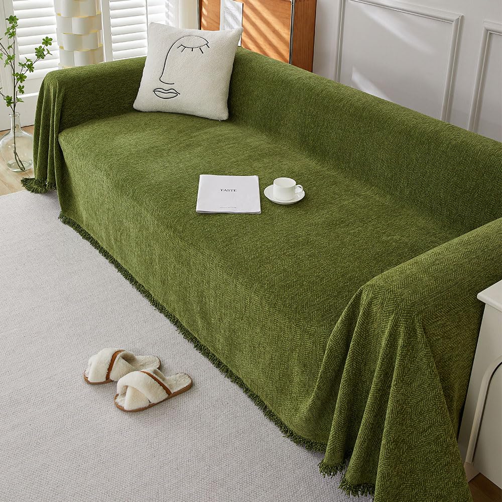 Highdi Sofa Throws Large Reversible Extra Large Throws For Settees Versatile Woven Soft Throw Blanket with Tassels for Settees Couch Sofa Bed Armchair (180x460cm,Dark green)