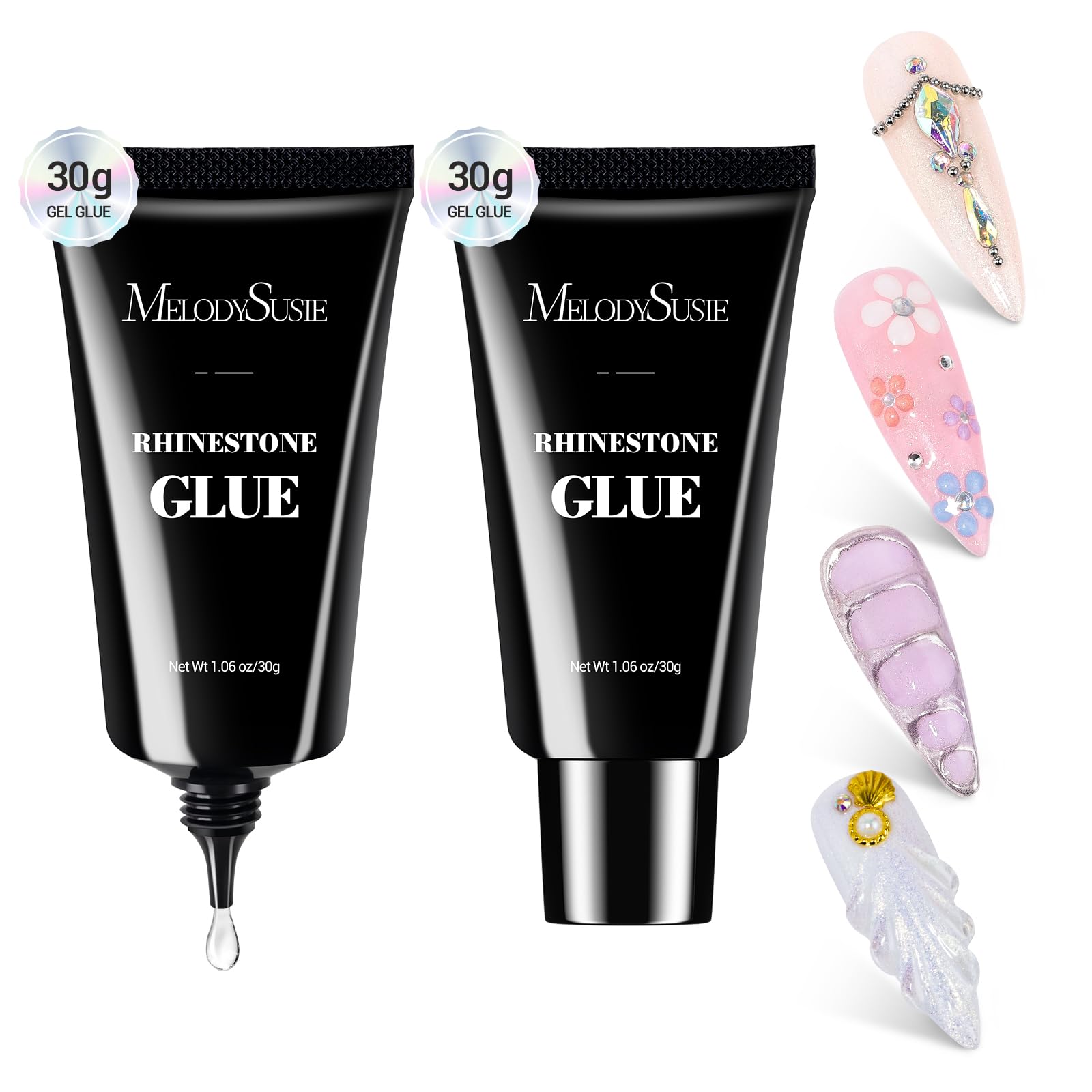 MelodySusie Nail Rhinestone Glue for Nails Super Strong Gel for Nail Charms Gems 3D Nail Gel UV Nail Glue for Nail Art Design Nail Chrome Powder