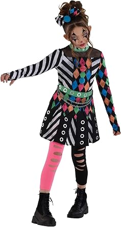 Girls Carnival Terror Costume | Kids Evil Circus Dress, Leggings and Headband for Halloween Creepy Clown Outfit