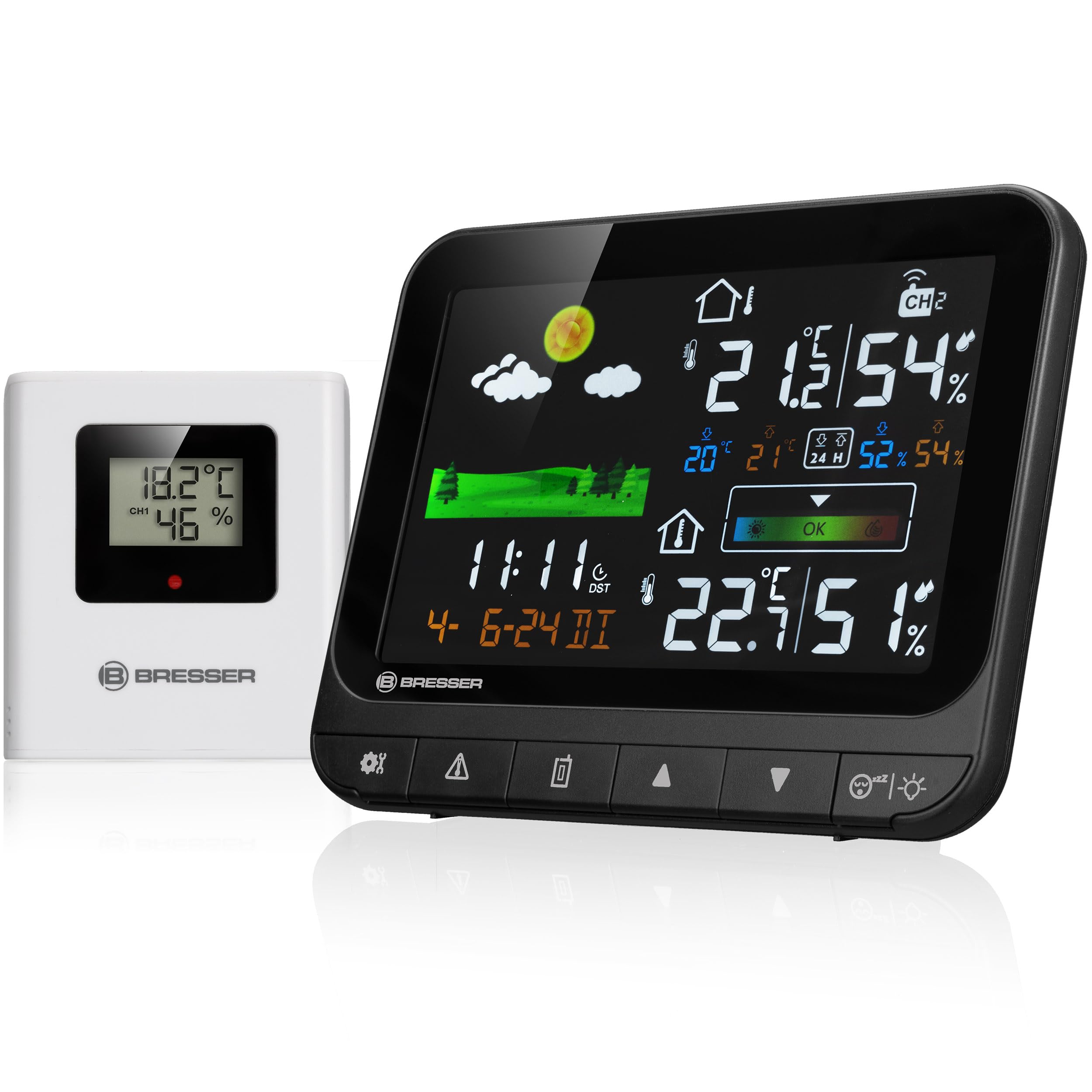 Bresser Neomeo H Stazione meteo con sensore esterno, display colore | Temperatura interna ed esterna, umidità, previsioni meteo, comfort interno, avviso gelo, orologio radio