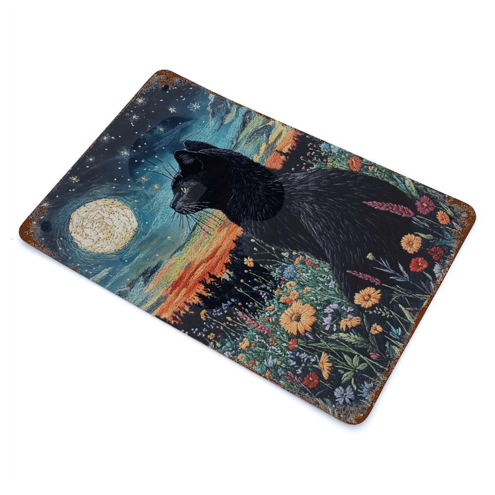 Black Cat Under Starry Night Rusty Metal Tin Sign 11.8"x7.9", for Pub, Kitchen And Man Cave Decor, Farmhouse Wall Decor